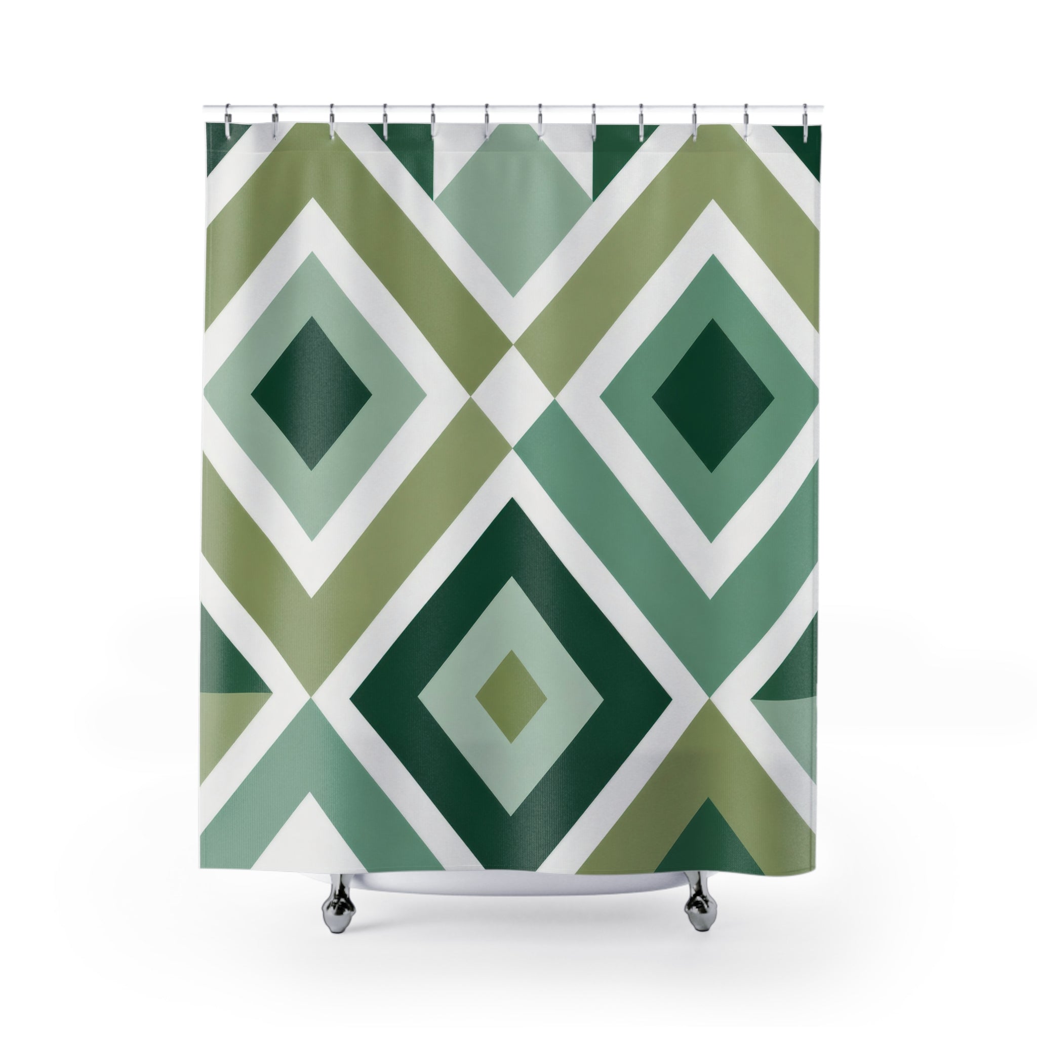 Green Geometric Shower Curtain, White Diamond Bath Decor, Sage Lattice Pattern, Modern Guest Bathroom Decor, Bold Green Style Decor