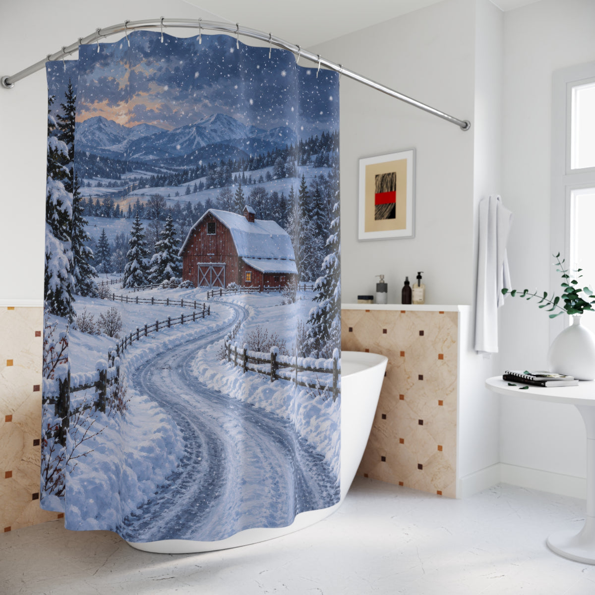 Red barn beside a snowy country lane shower curtain beside a freestanding tub