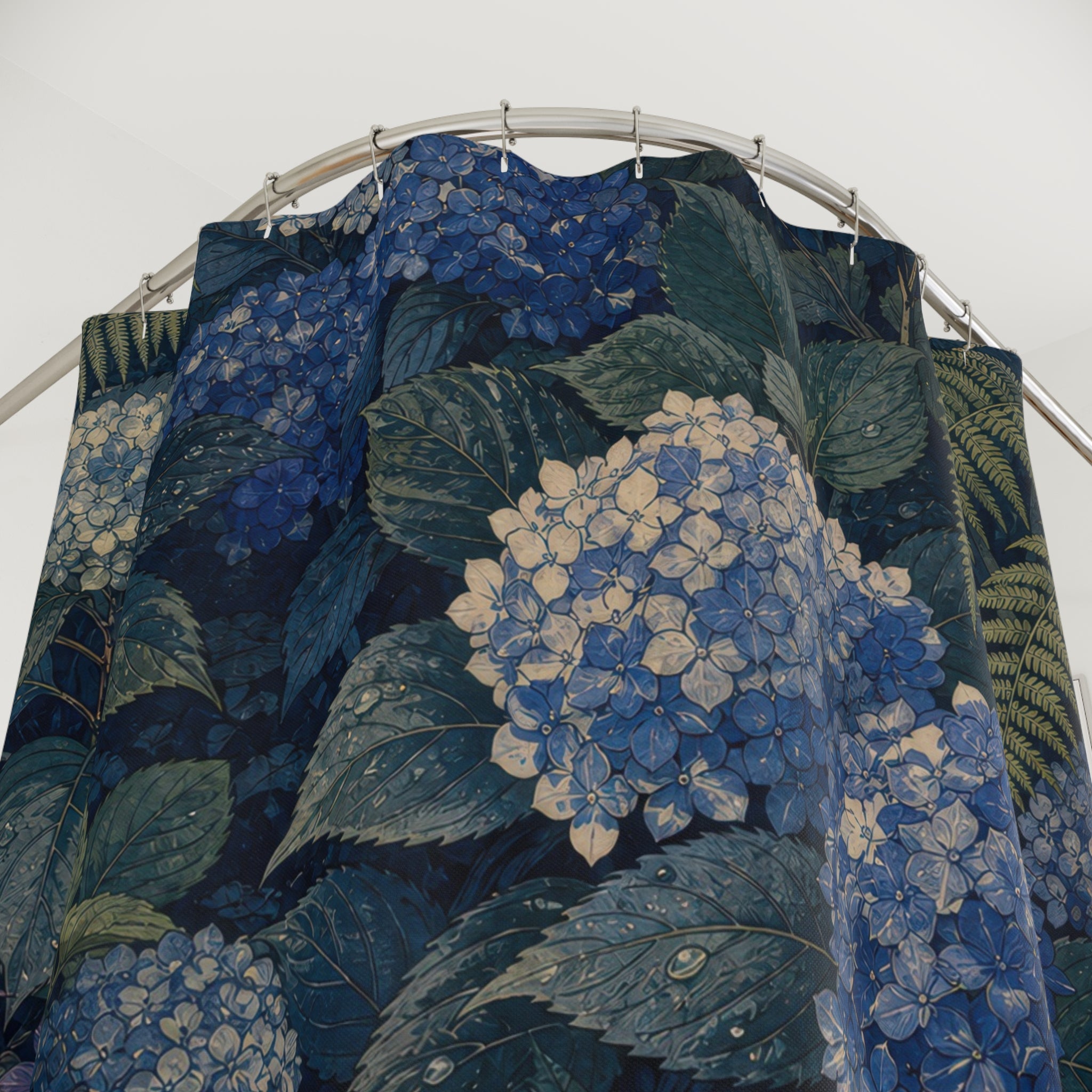 Woodblock Hydrangea Fern Garden Shower Curtain