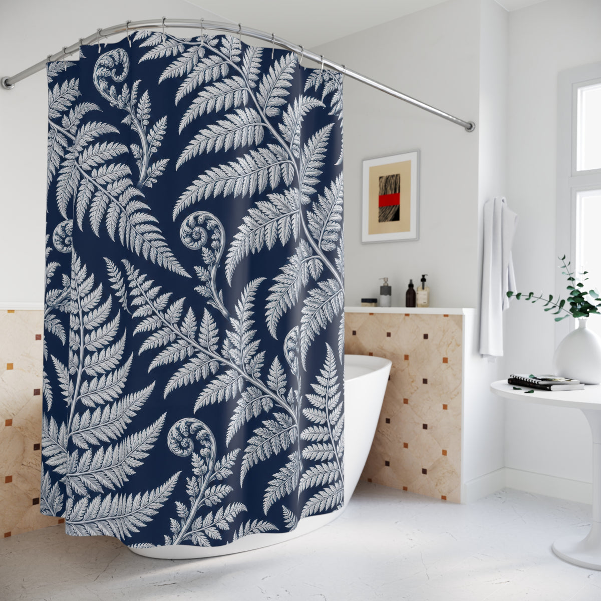 White fern fronds and curled fiddleheads on deep navy shower curtain beside a freestanding tub