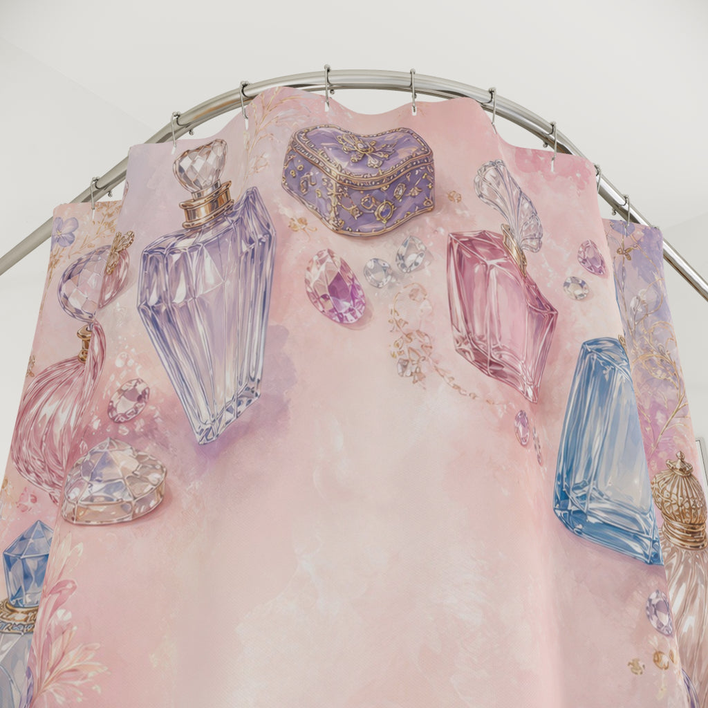 Pastel vintage perfume bottles and jeweled vanity treasures shower curtain with close-up print, hooks, and folds