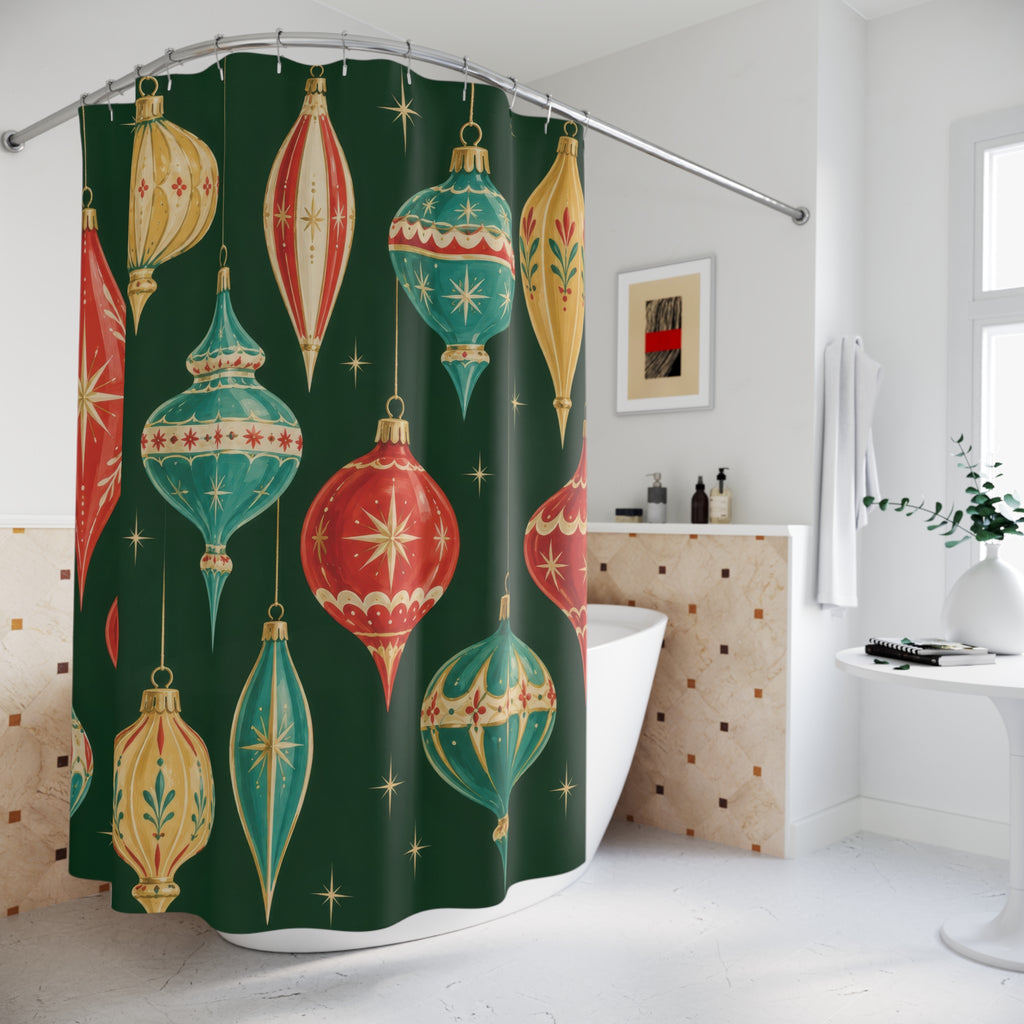 Red turquoise and gold-tone ornaments on evergreen shower curtain beside a freestanding tub