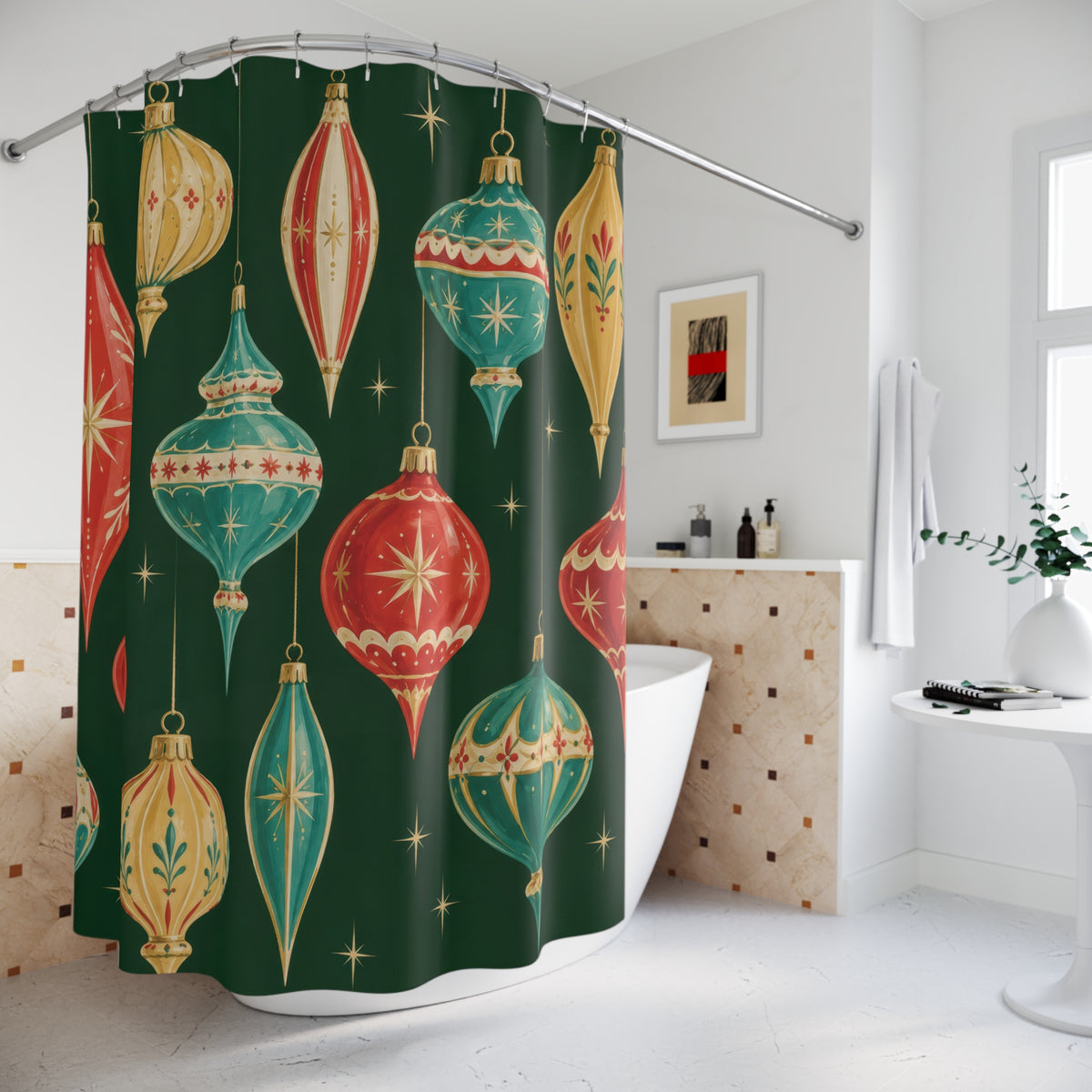 Red turquoise and gold-tone ornaments on evergreen shower curtain beside a freestanding tub