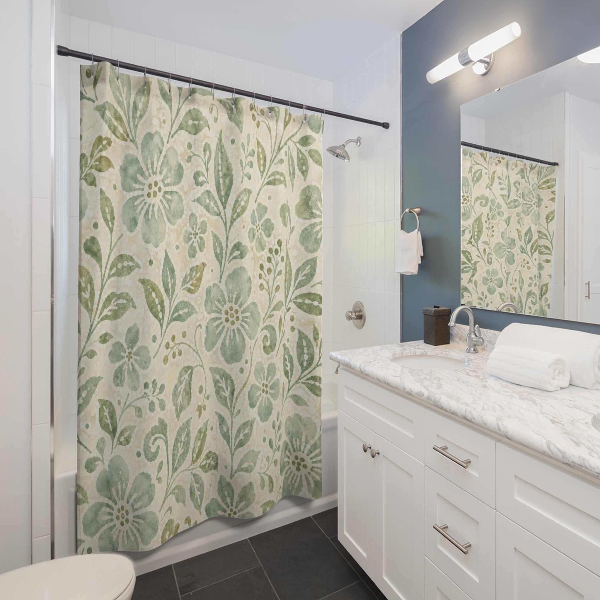 Celadon Batik Flower Print Shower Curtain