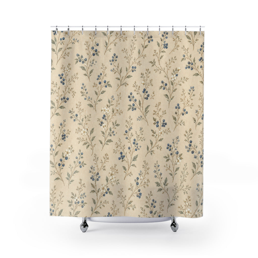 Cream Blue Meadow Vintage Floral Shower Curtain
