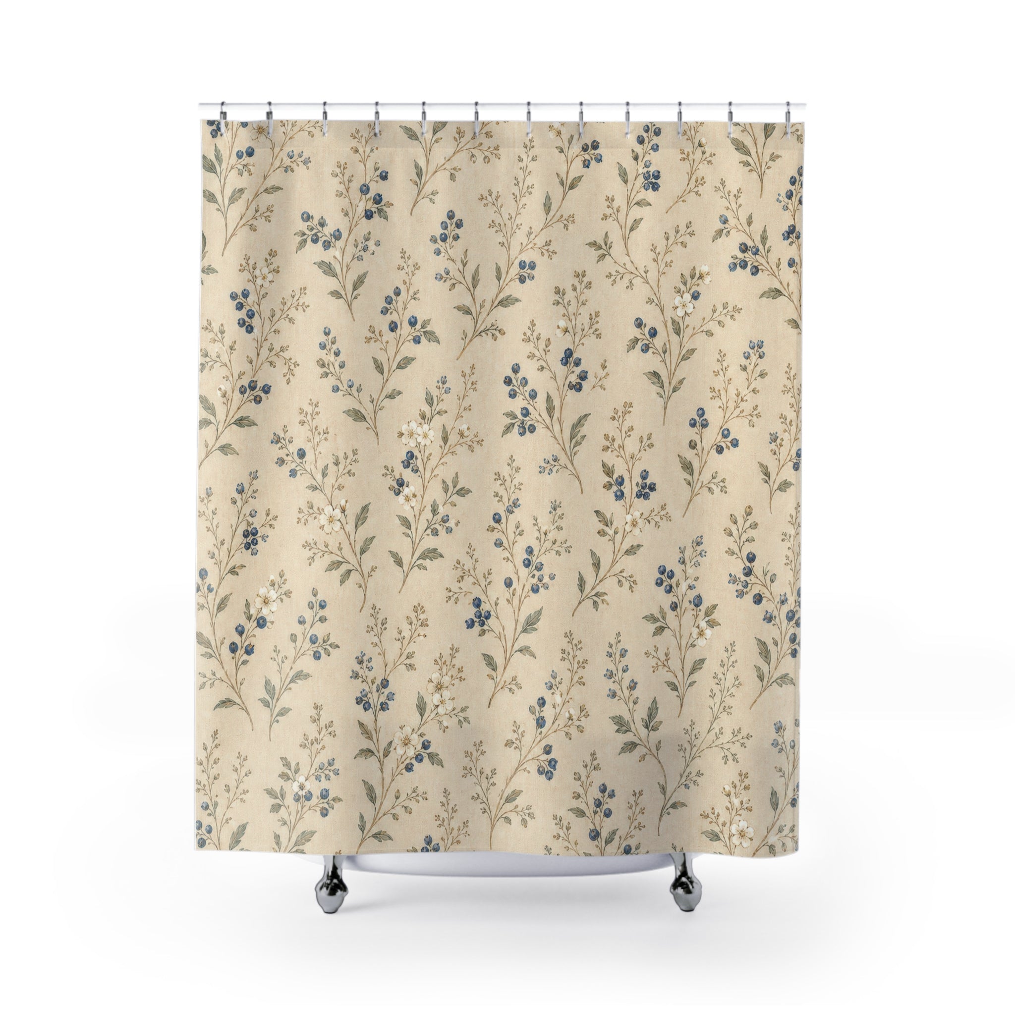 Cream Blue Meadow Vintage Floral Shower Curtain