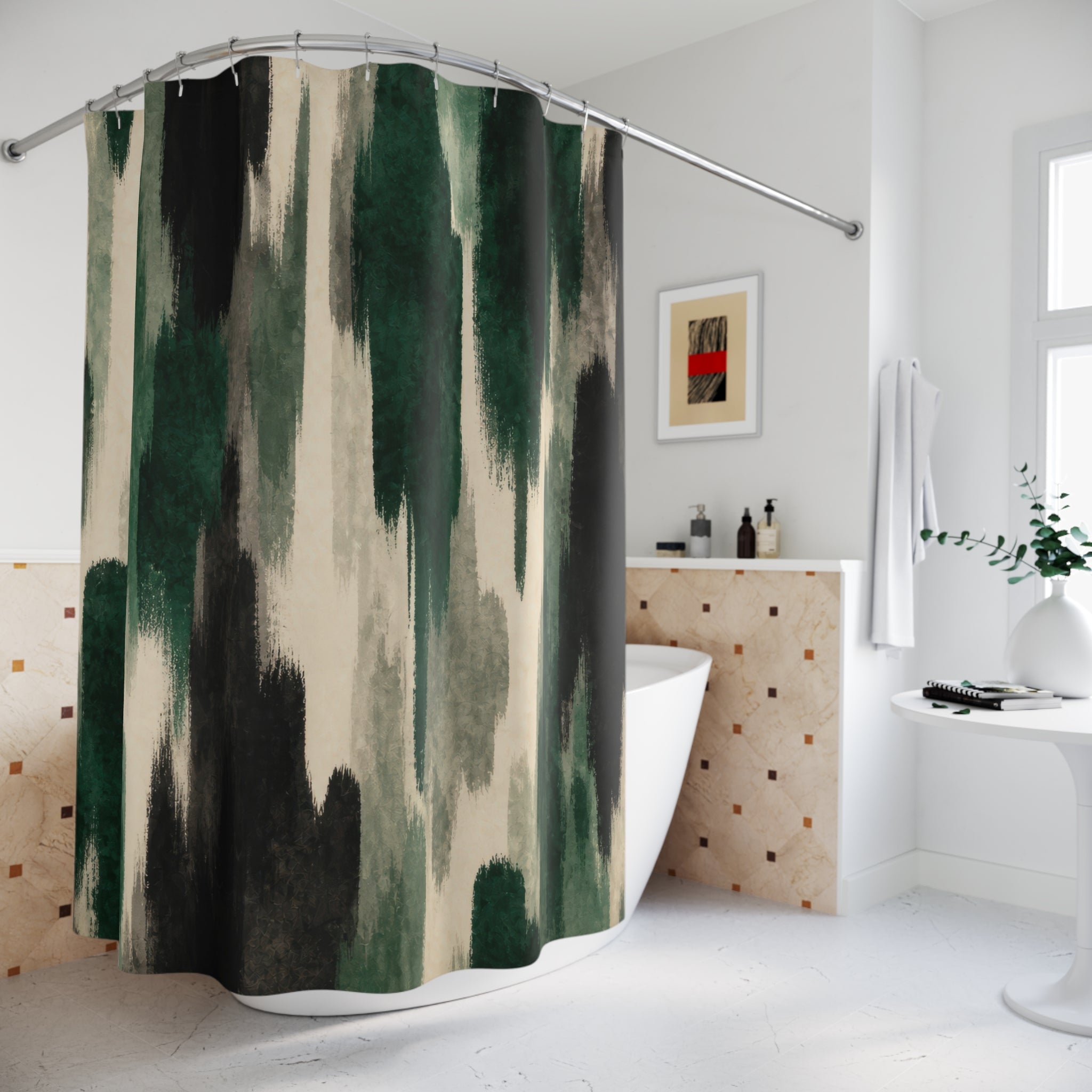 Black Emerald Brush Stripe Green Striped Shower Curtain