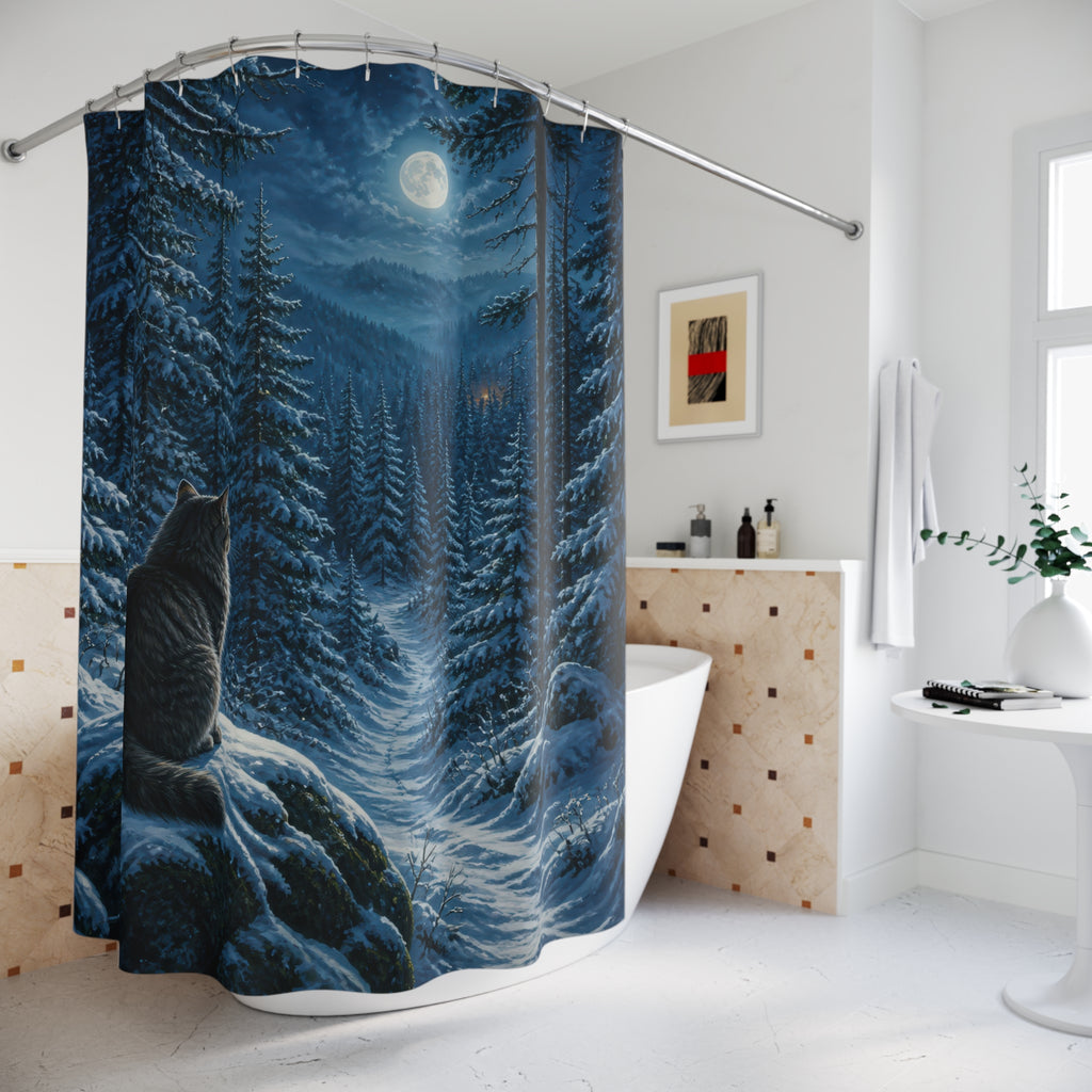 Winter woodland black cat under full moon shower curtain beside a freestanding tub