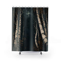 White birch nocturne with dark teal and amber shower curtain with full front view