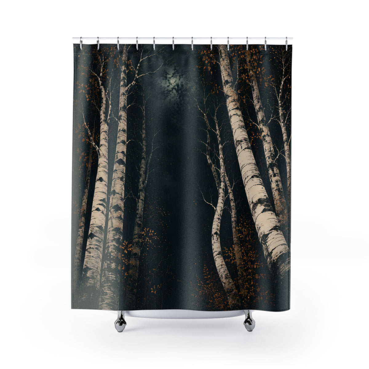 White birch nocturne with dark teal and amber shower curtain with full front view