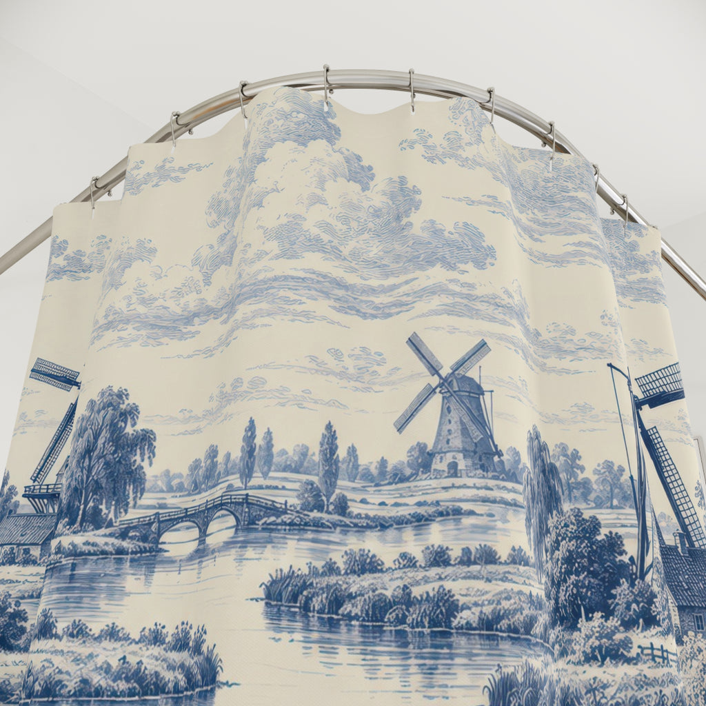 Blue windmills and willow trees beside an ivory canal shower curtain with close-up print, hooks, and folds