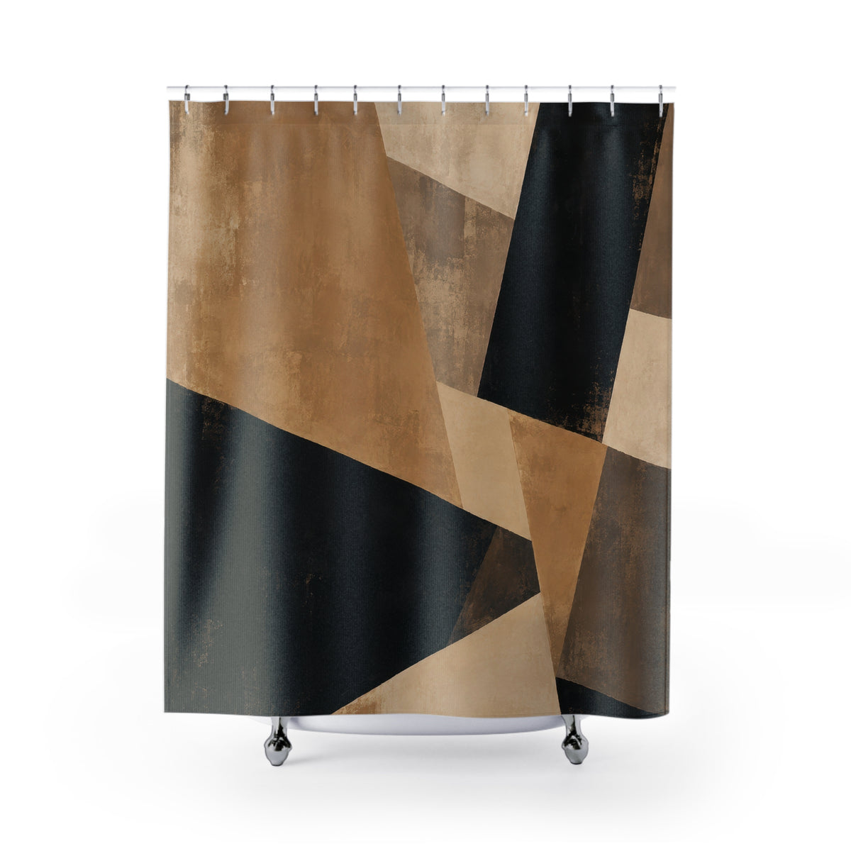 Black and tan angular abstract shower curtain with full front view