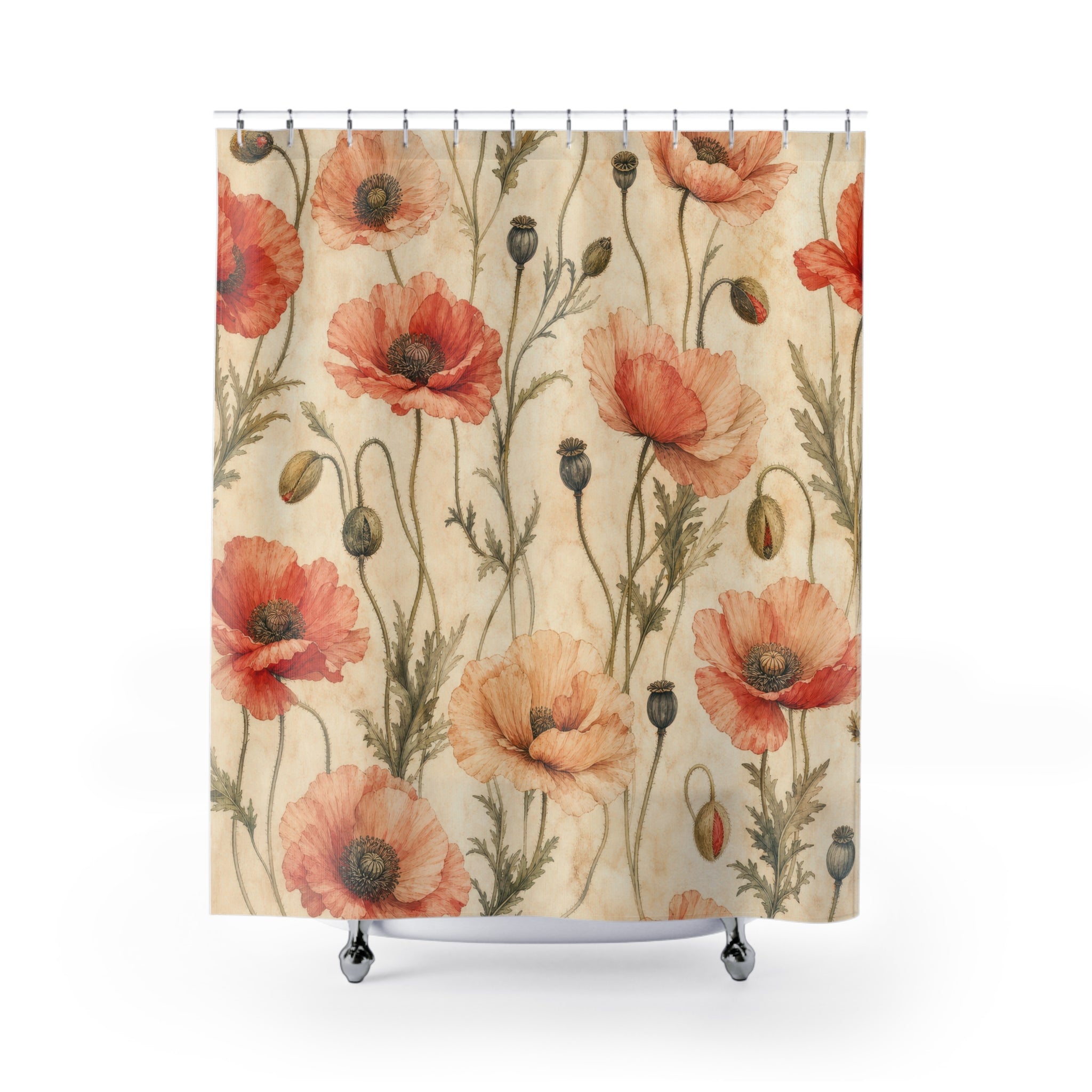 Vintage Red Orange Floral Shower Curtain