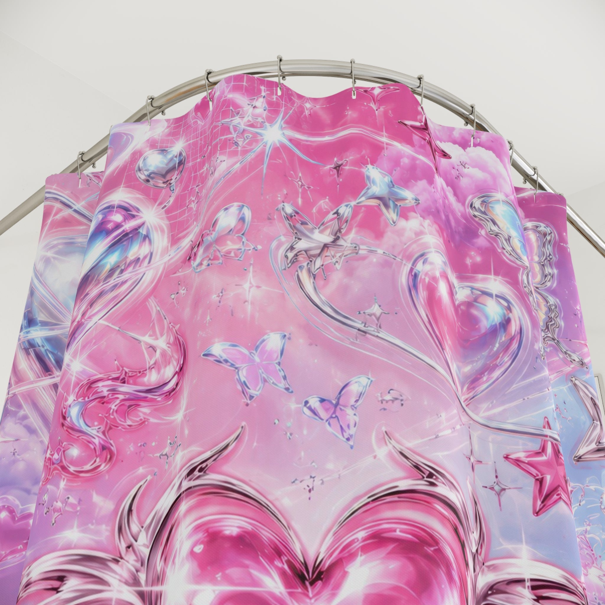 Y2K Pink Shower Curtain: Chrome Heart Star Butterfly