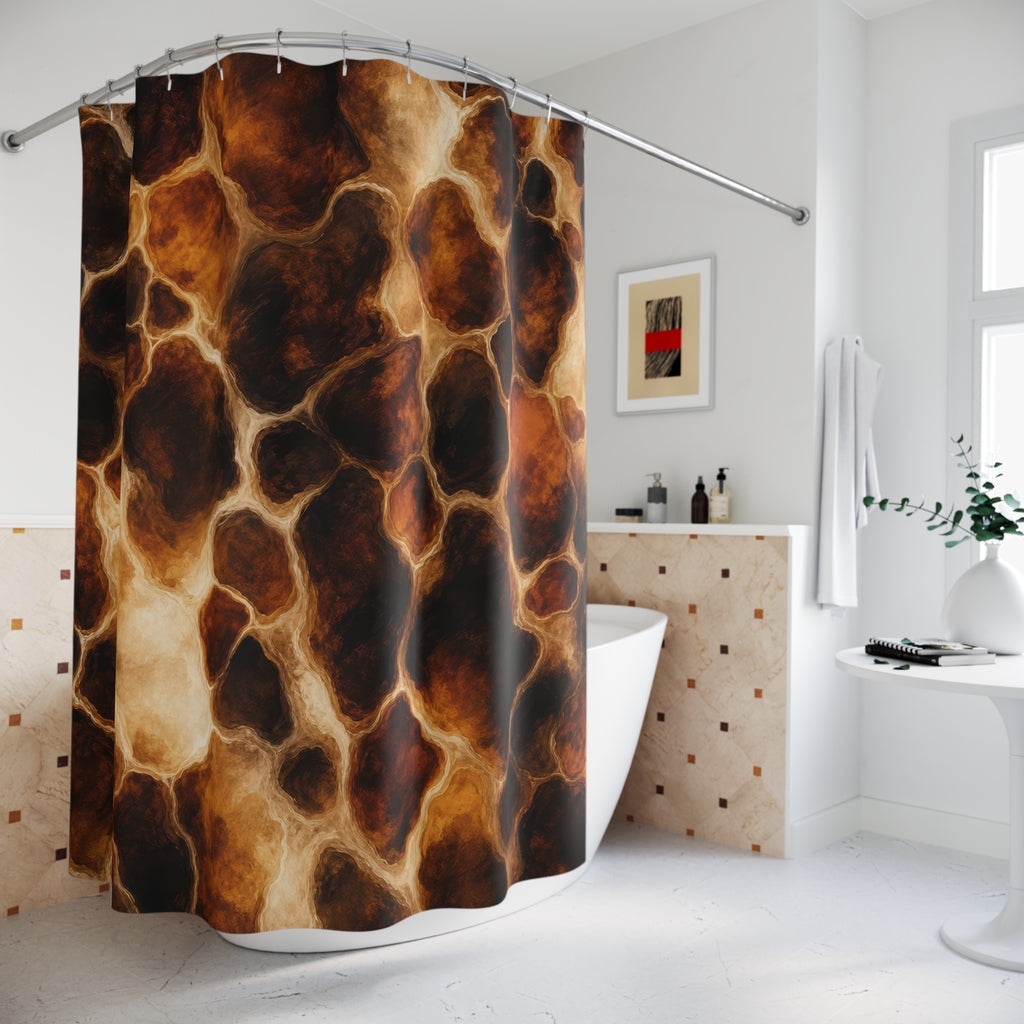 Dark Brown Amber Mottled abstract shower curtain beside a freestanding tub