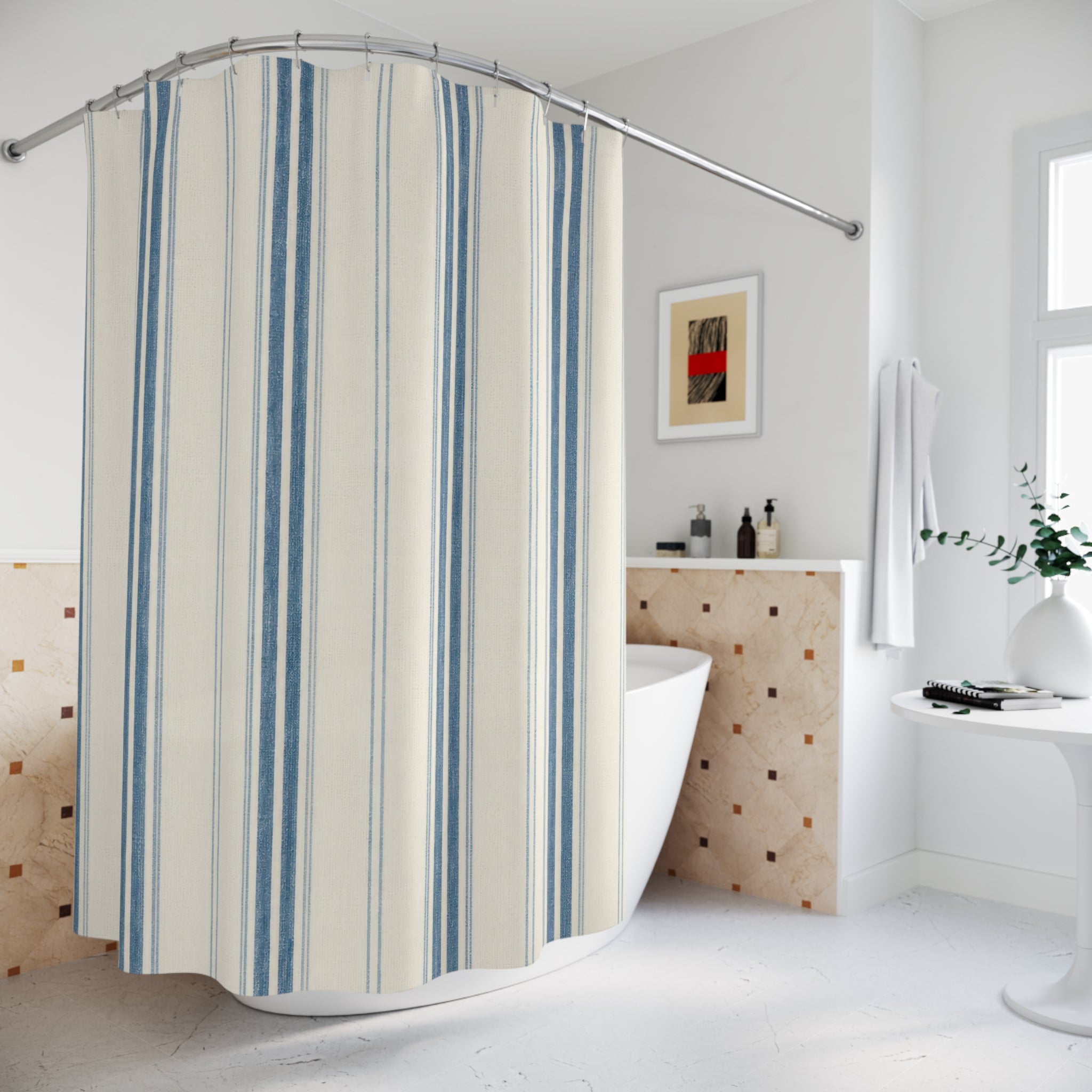 Denim Ticking Stripe Shower Curtain, Denim Blue Farmhouse Bathroom Decor, Cream Stripe Bath Curtain, Guest Bathroom Decor, Small Bath Decor