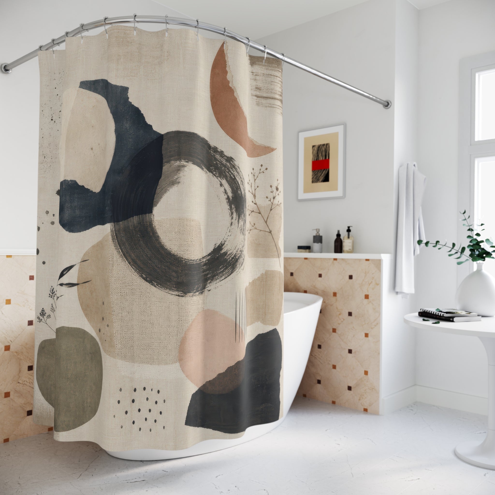 Minimal Moon Abstract Shower Curtain, Neutral Black Bathroom Decor, Modern Circle Bath Curtain, Guest Bathroom Decor, Minimal Bath Decor