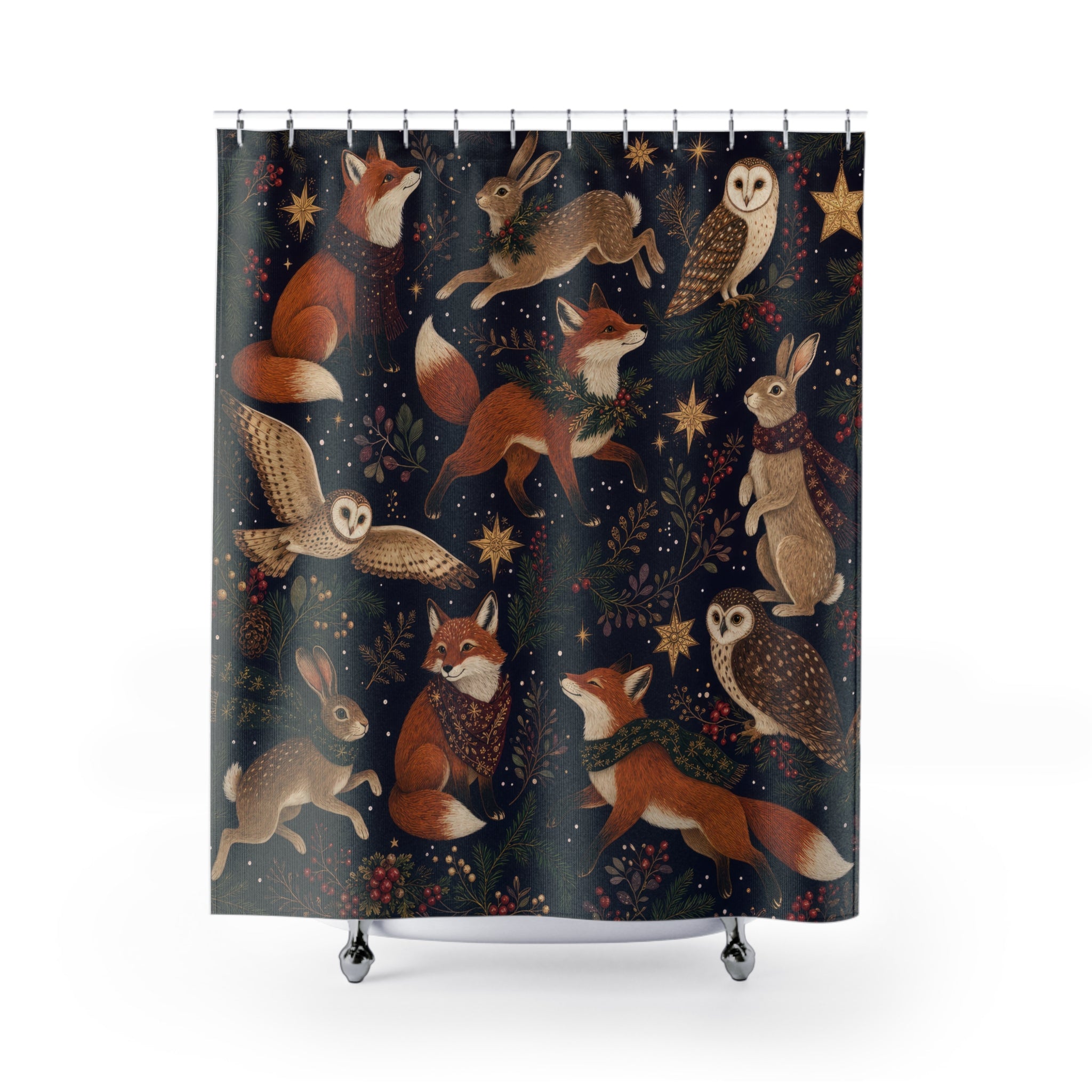 Woodland Christmas Shower Curtain, Fox Hare Owl Winter Animal Pattern, Plum Rust Holiday Bathroom Decor, Cozy Festive Guest Bath