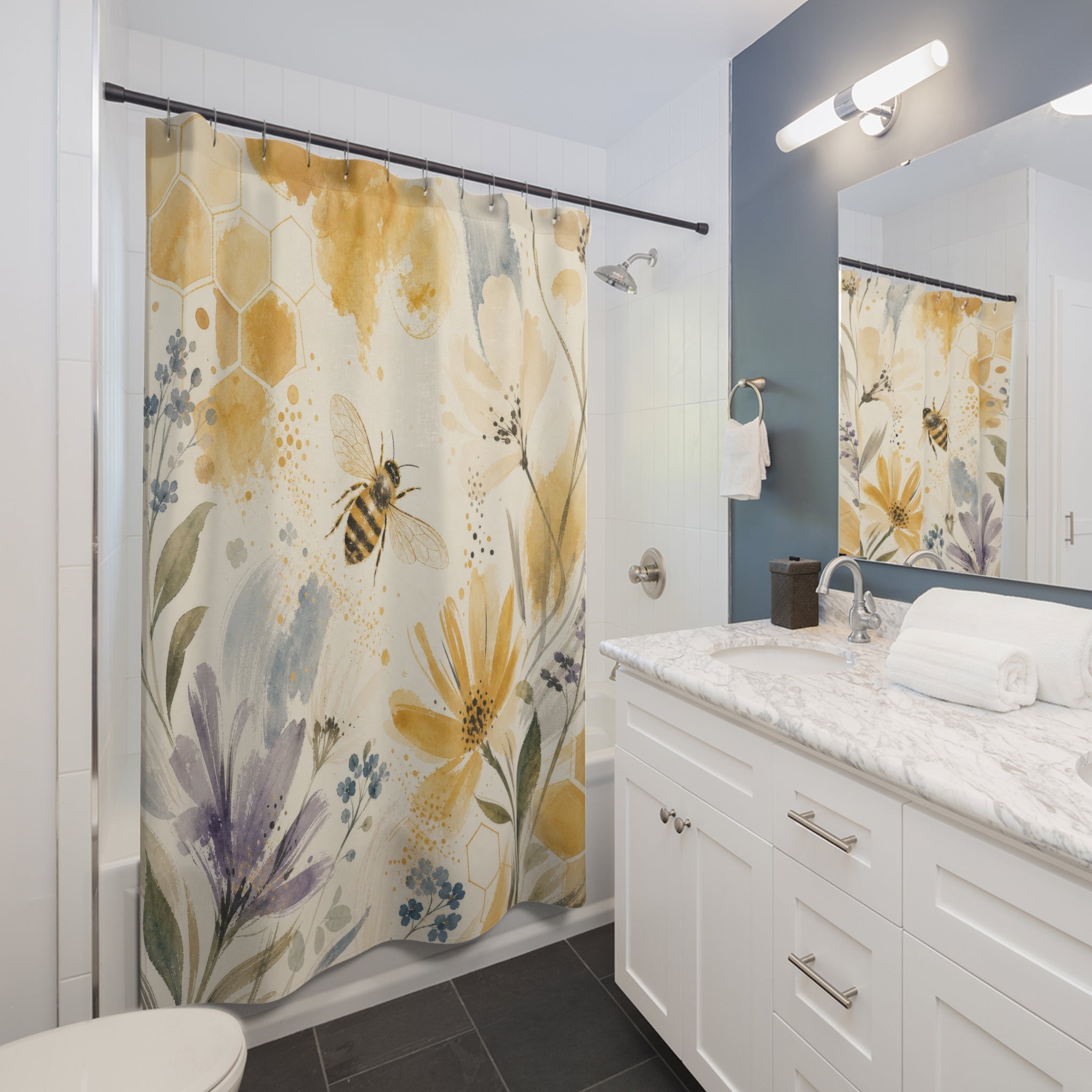 Bee Botanical Yellow Floral Shower Curtain