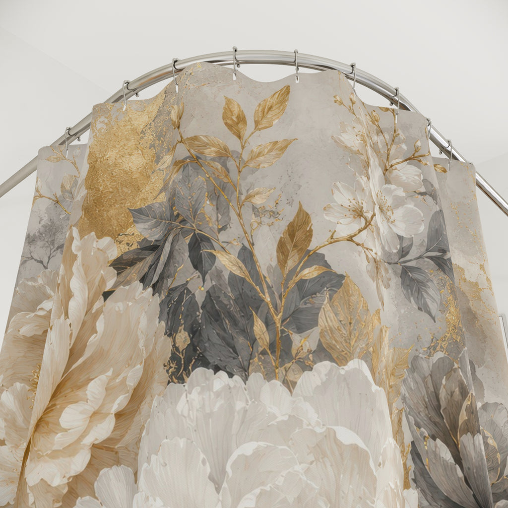 Gold Grey Floral Shower Curtain: White Peony