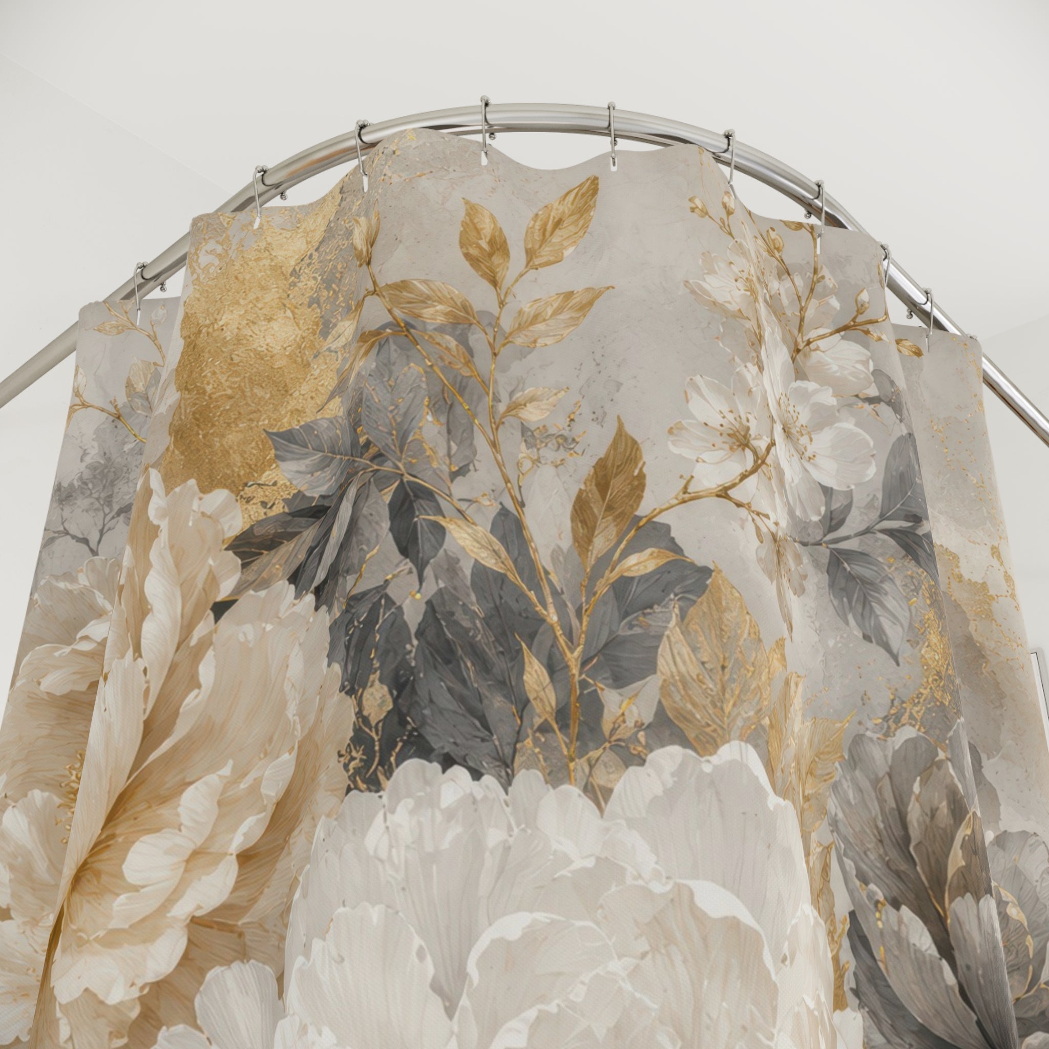 Gold Grey Floral Shower Curtain: White Peony