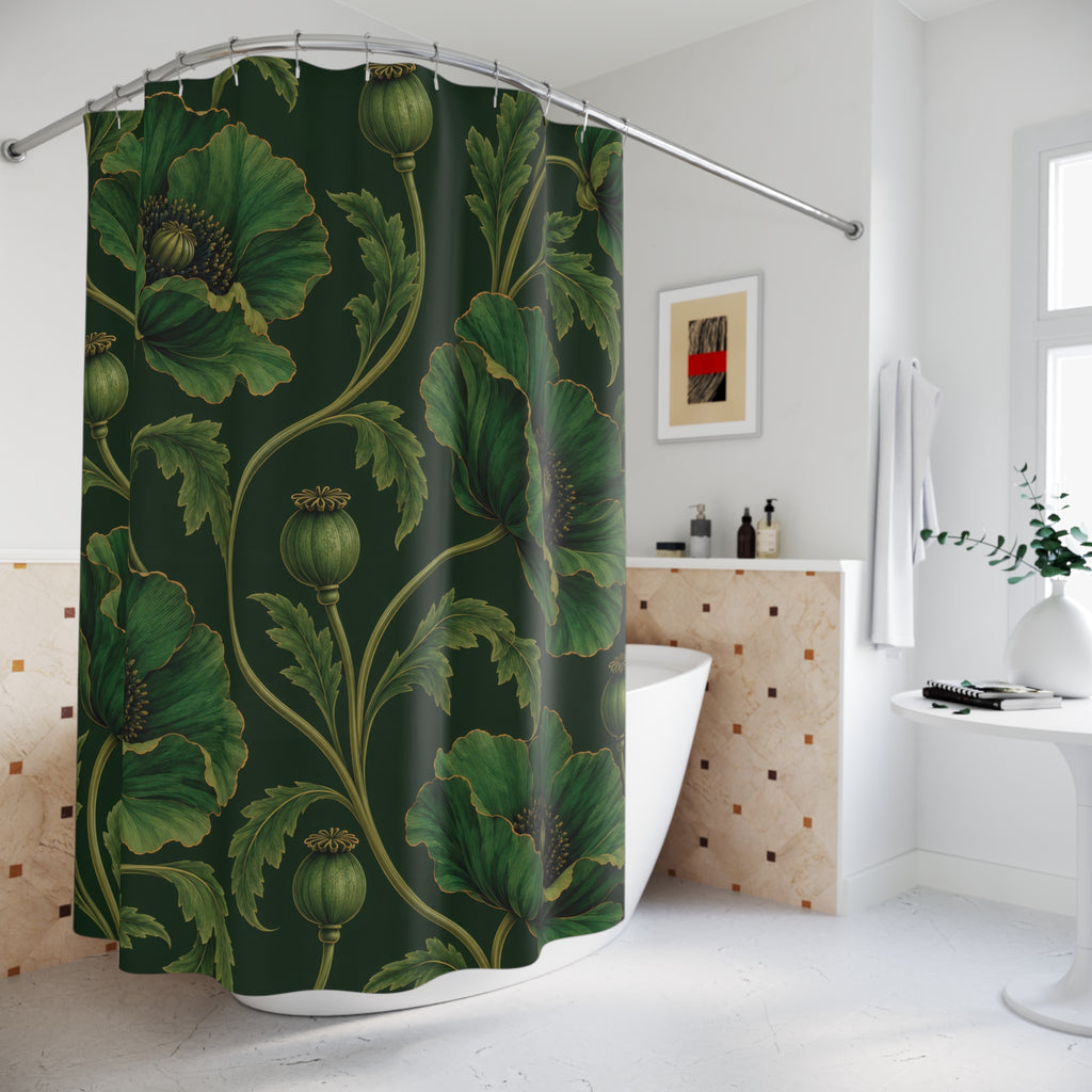 Green poppies and ochre lines on forest green shower curtain beside a freestanding tub