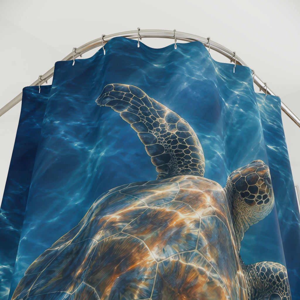 Sea turtle swimming in navy blue water shower curtain with close-up print, hooks, and folds