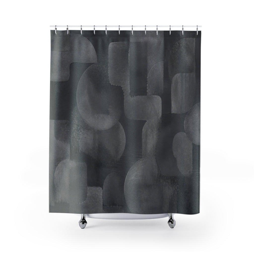 Abstract Shower Curtain, Gray Geometric Bath Decor, Rounded Block Pattern, Modern Neutral Guest Bathroom Decor, Dark Modern Gray Style