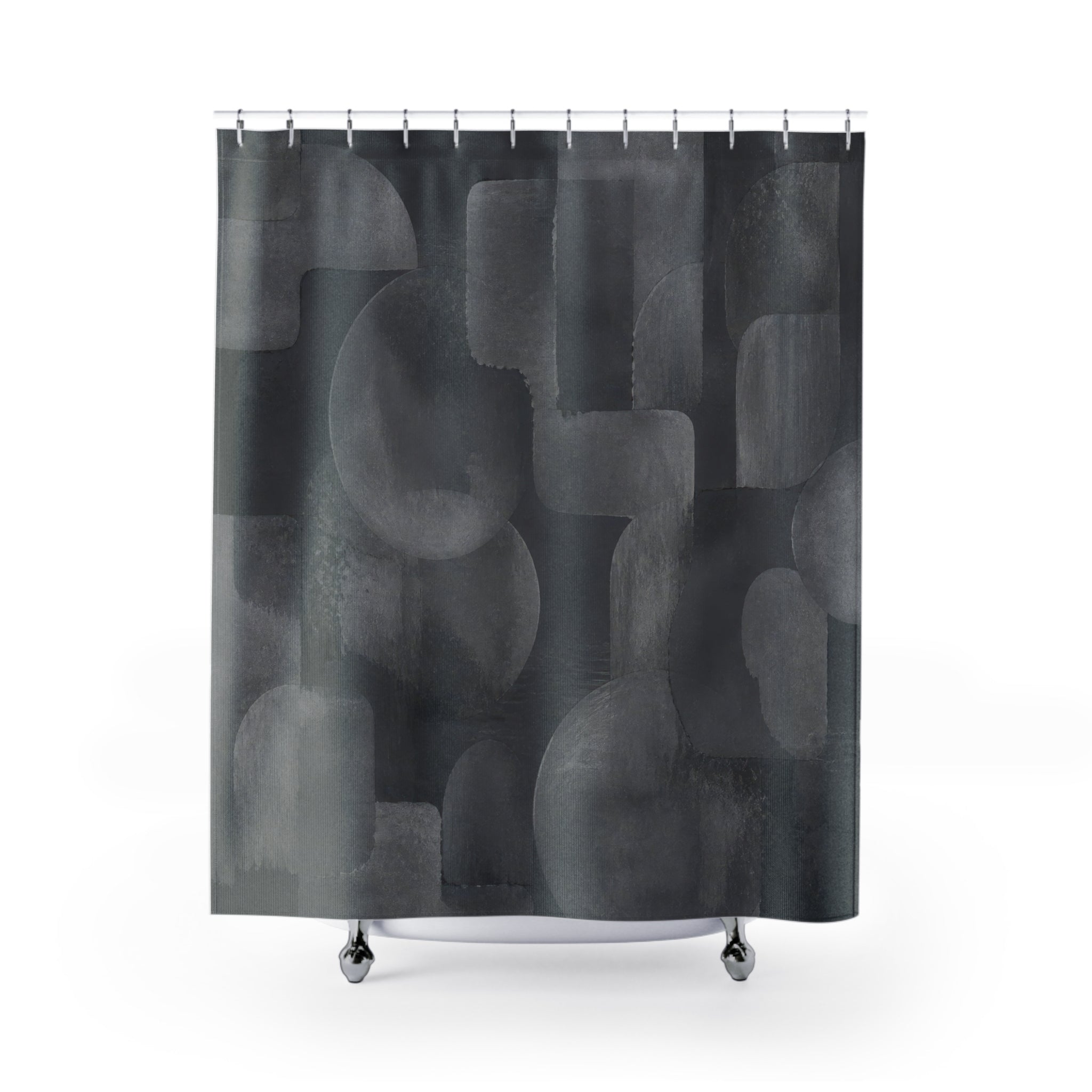 Abstract Shower Curtain, Gray Geometric Bath Decor, Rounded Block Pattern, Modern Neutral Guest Bathroom Decor, Dark Modern Gray Style