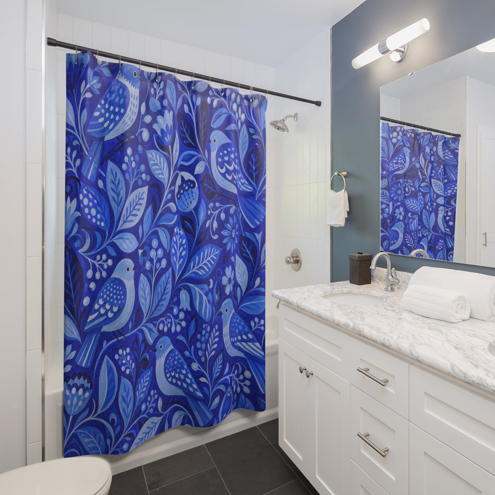 Blue Folk Bird Shower Curtain