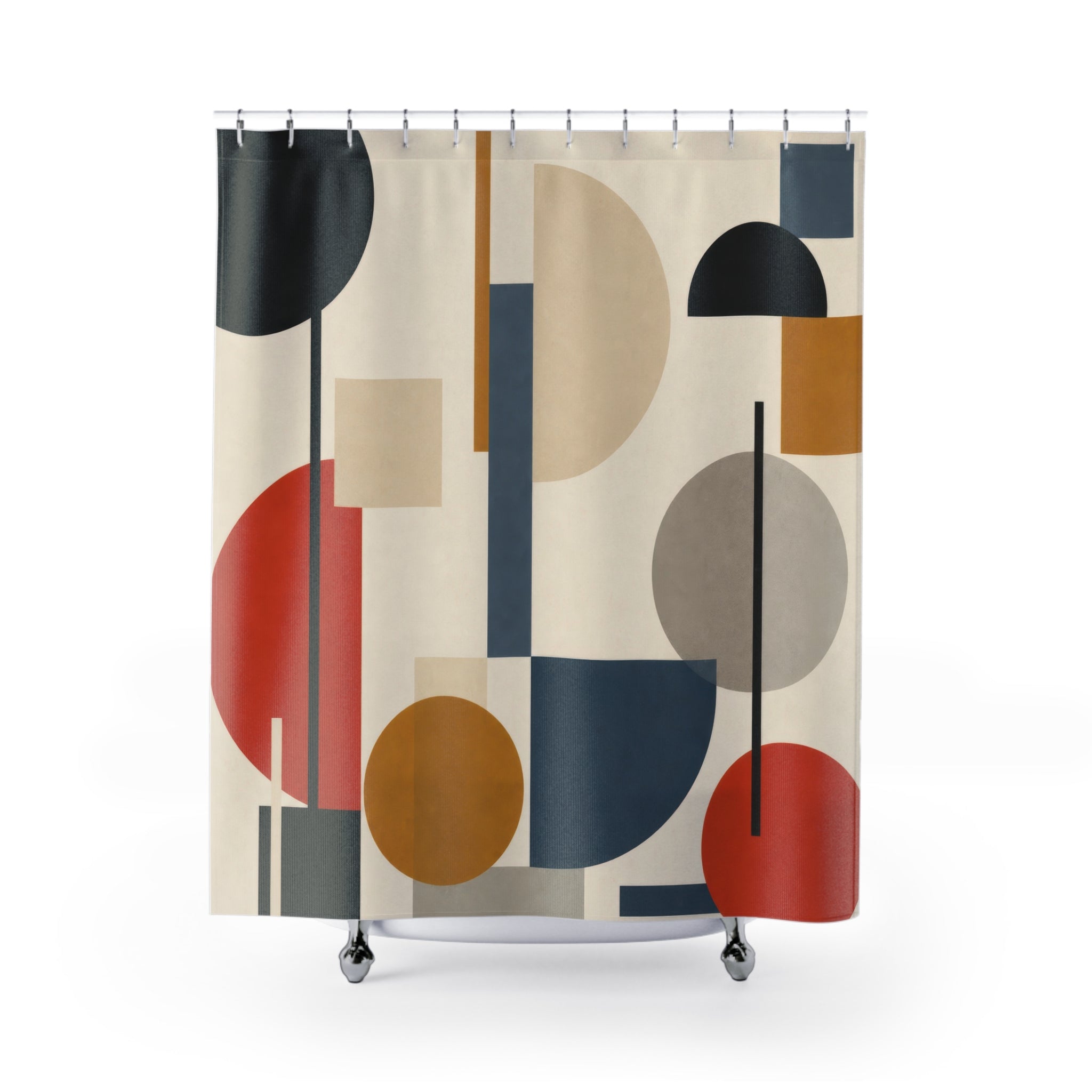 Bauhaus Shower Curtain, Navy Mustard Terracotta Geometric Circles, Mid Century Modern Abstract Bathroom Decor, Bold Art Bath Style