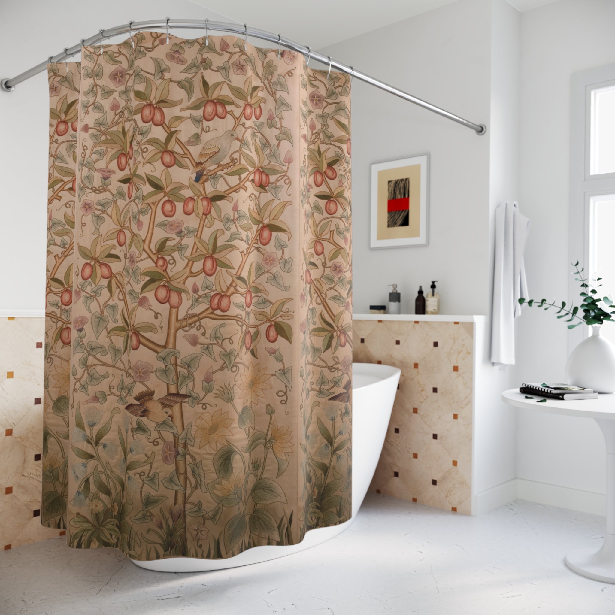 Morris Plum Tree Shower Curtain – Cream Bird Botanical