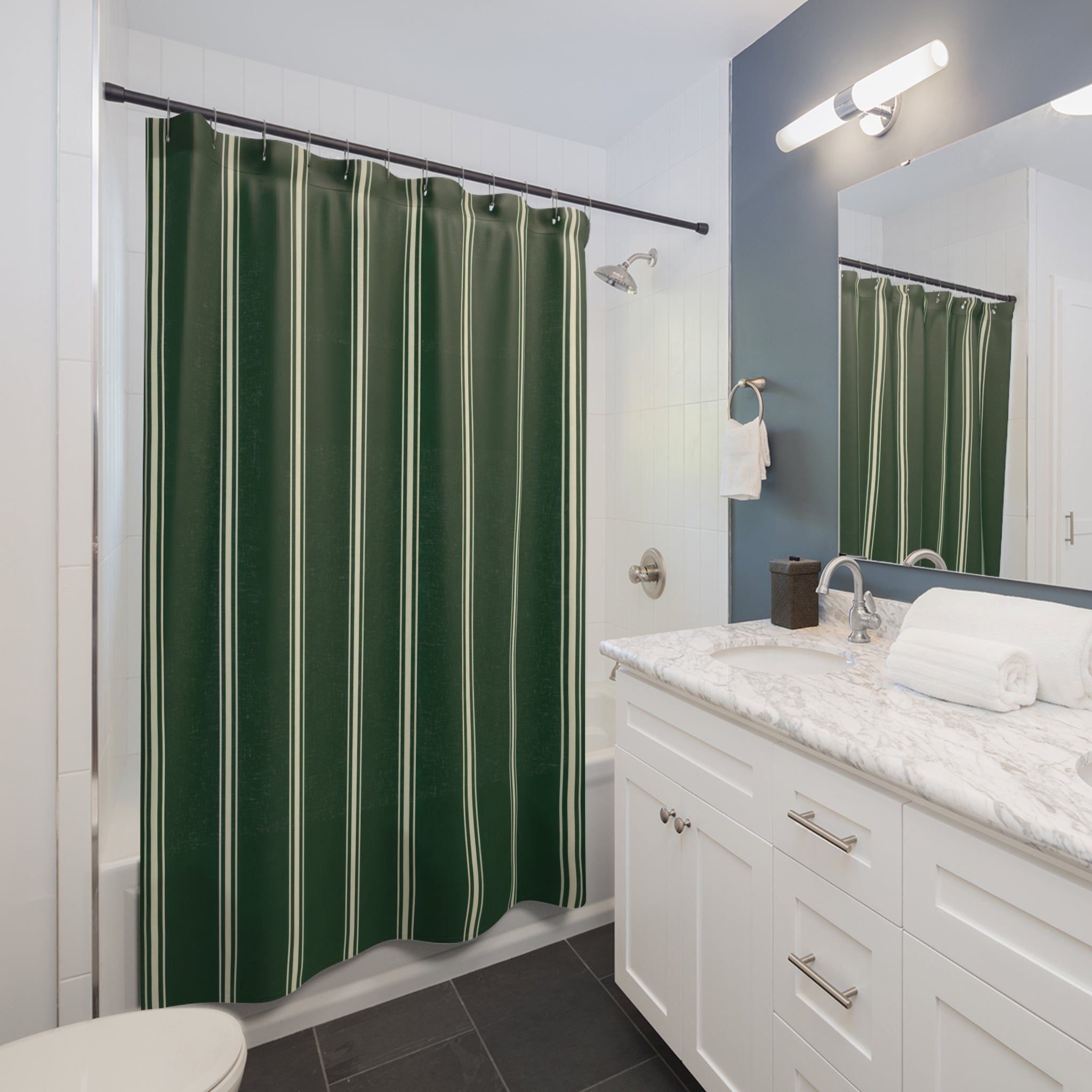 Forest Green Shower Curtain, Ticking Stripe Bath Decor, Dark Farmhouse Pinstripe Pattern, Guest Bathroom Style, Classic Green Stripe Style
