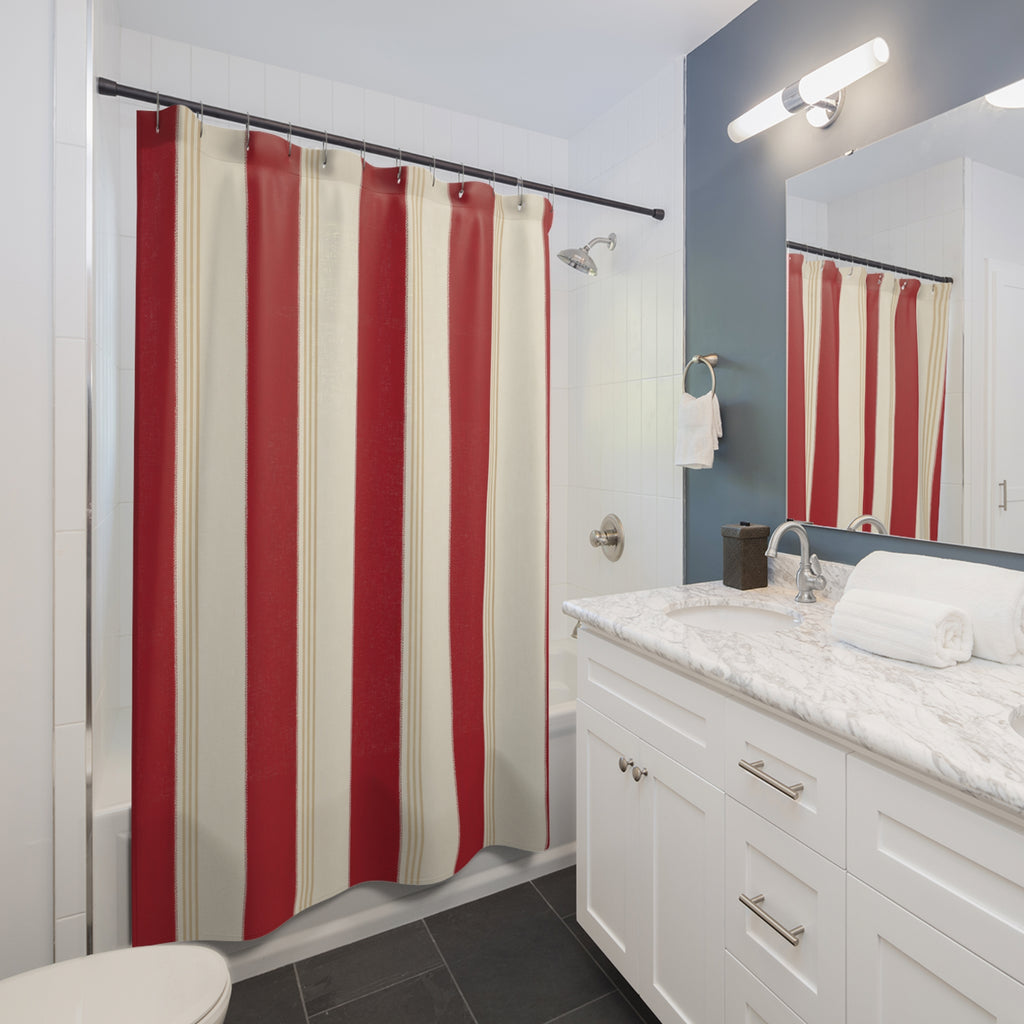 Cranberry Cabana Stripe Shower Curtain, Cranberry Red Classic Bathroom Decor, Awning Stripe Bath Curtain, Guest Bath Decor, Home Decor