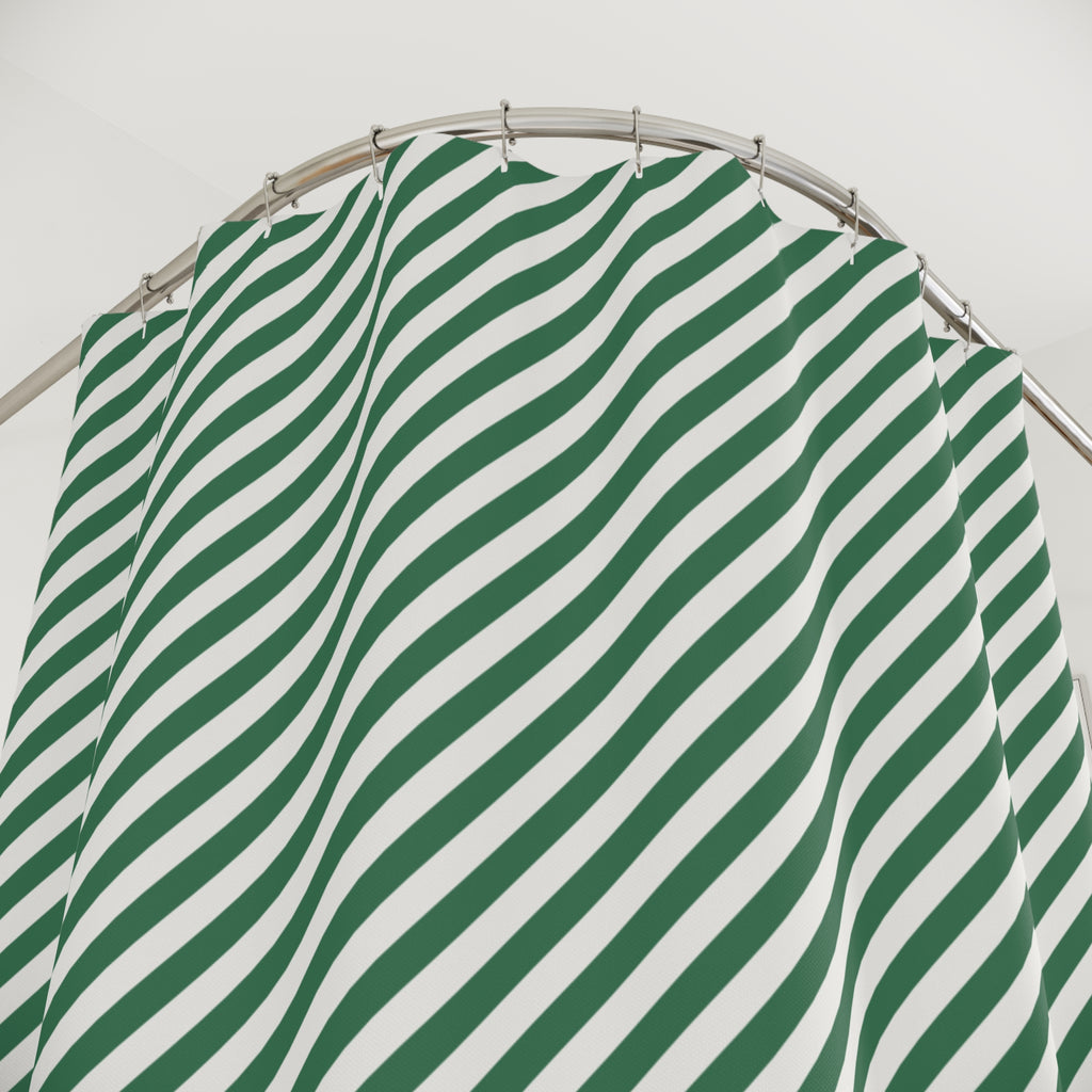 Green and White Diagonal Stripe Shower Curtain