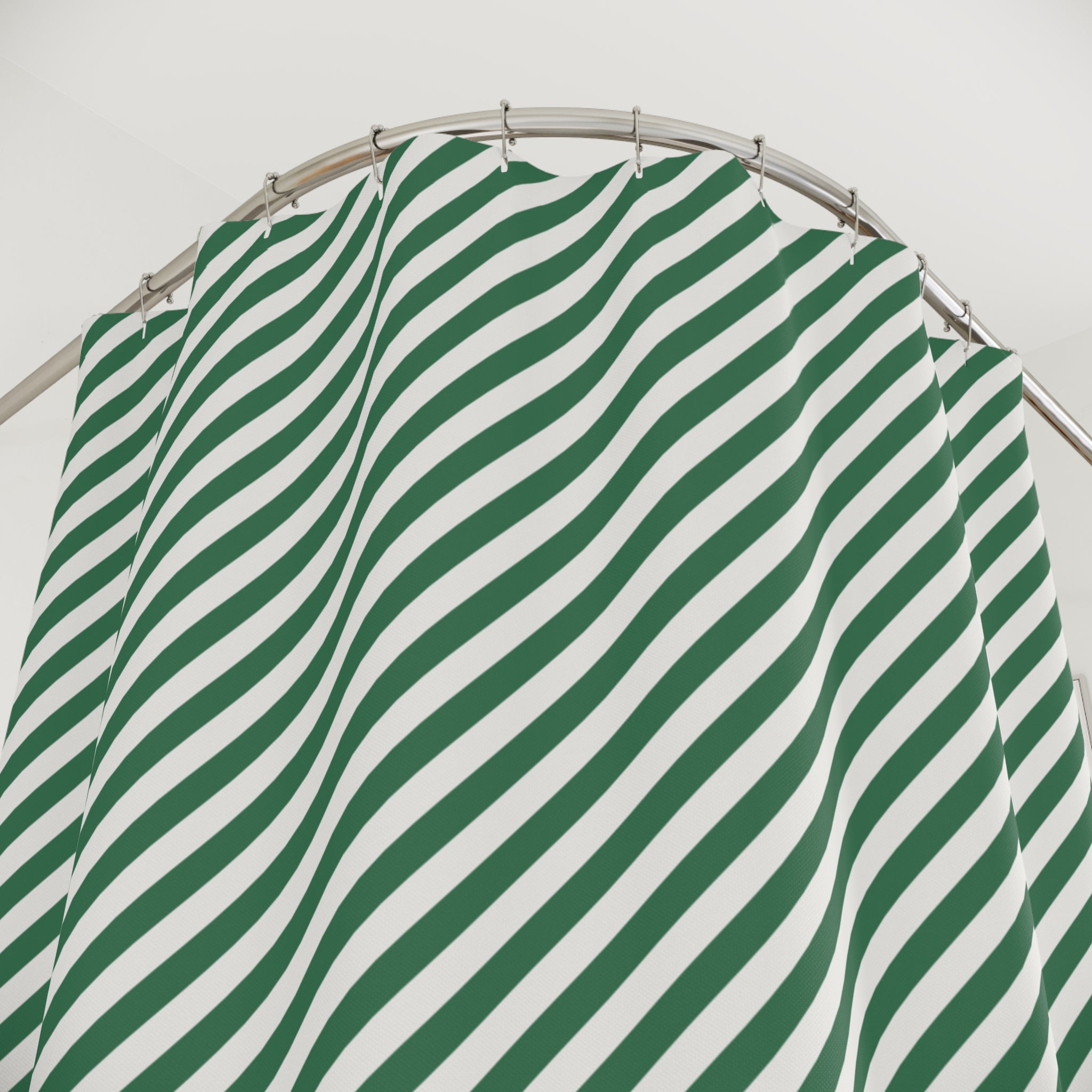 Green and White Diagonal Stripe Shower Curtain