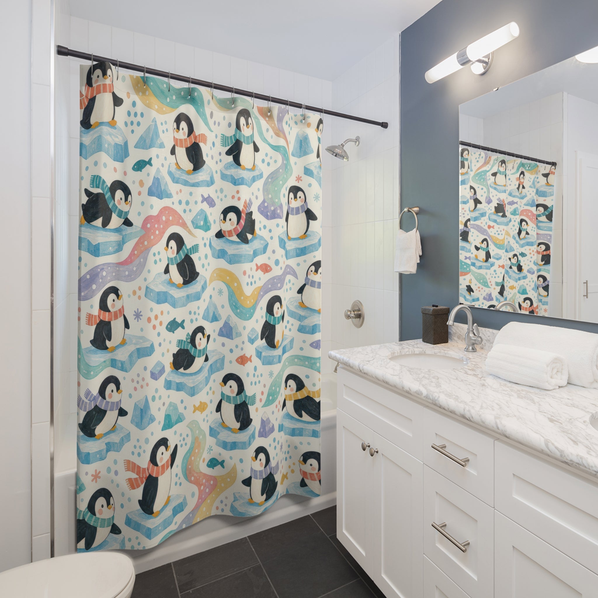 Kids Penguin Shower Curtain, Blue Wave Ocean Animal Pattern, Cute Arctic Bathroom Decor, Playroom Ocean Wall Decor Guest Bath Wall Gift
