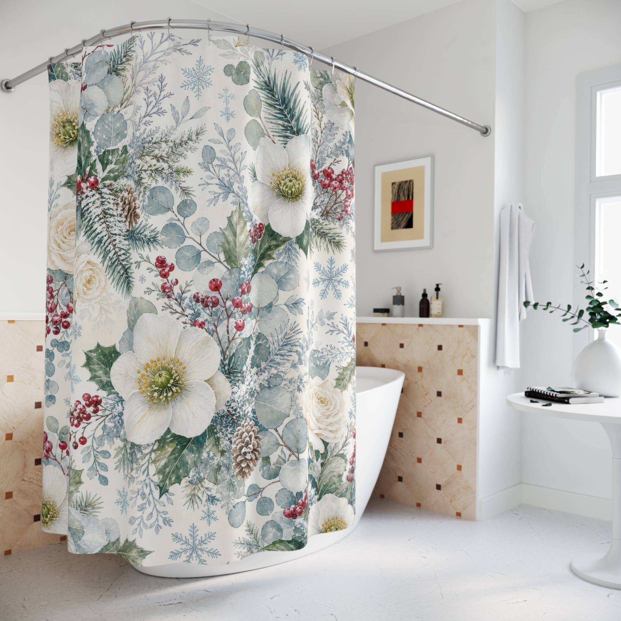 White Winter Flower Shower Curtain
