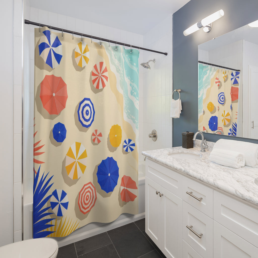 Colorful beach umbrellas beside pale aqua surf shower curtain installed beside a white vanity