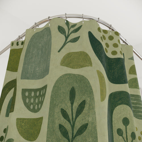 Abstract Botanical Sage Green shower curtain with close-up print, hooks, and folds