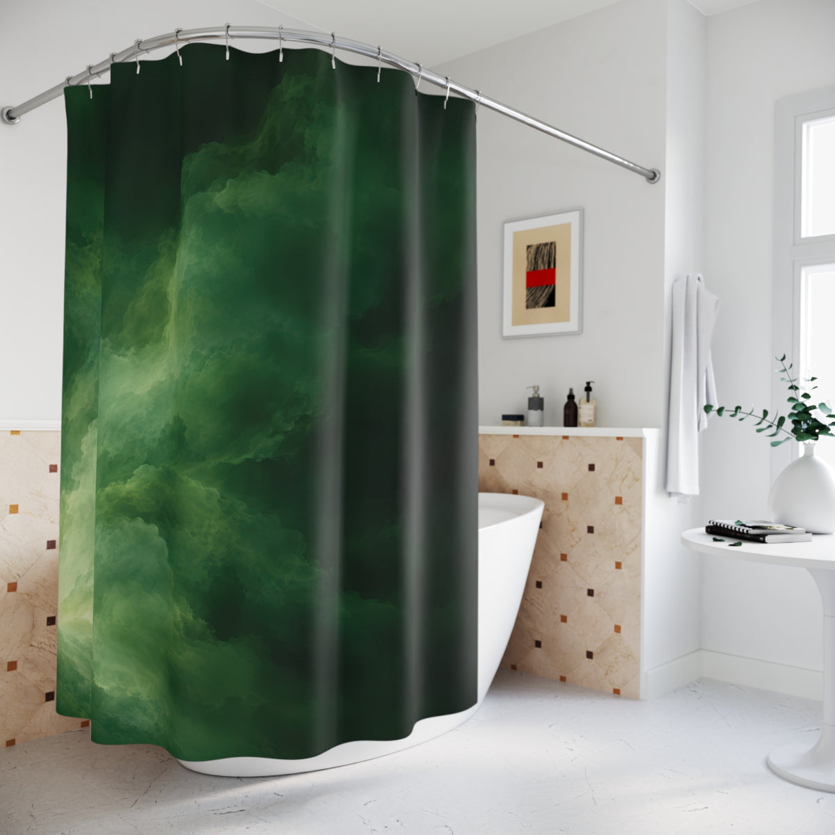 Forest green clouds with pale green light shower curtain beside a freestanding tub