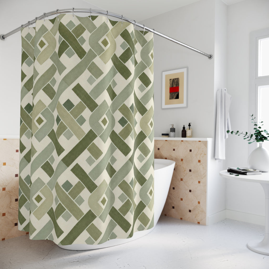 Green Geometric Shower Curtain, Olive Sage Lattice Pattern, Woven Tile Bath Decor, Modern Traditional Guest Bathroom Accent, Tailored Green