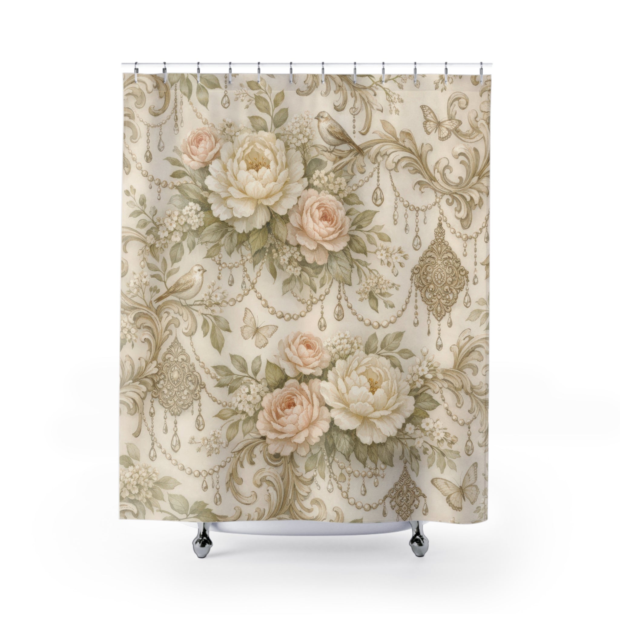 Elegant Floral Peony Shower Curtain – Blush Ivory