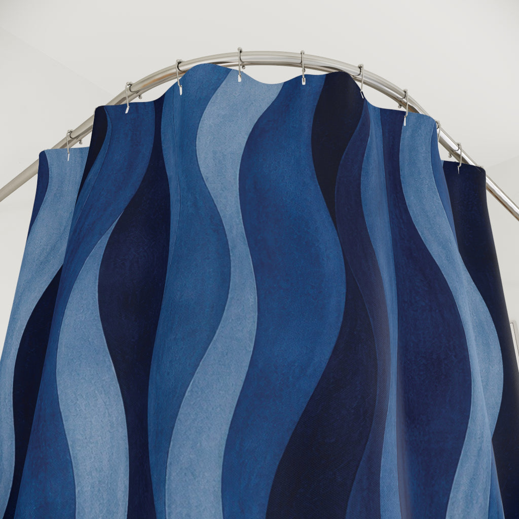 Navy Cobalt Ripple Stripe Shower Curtain