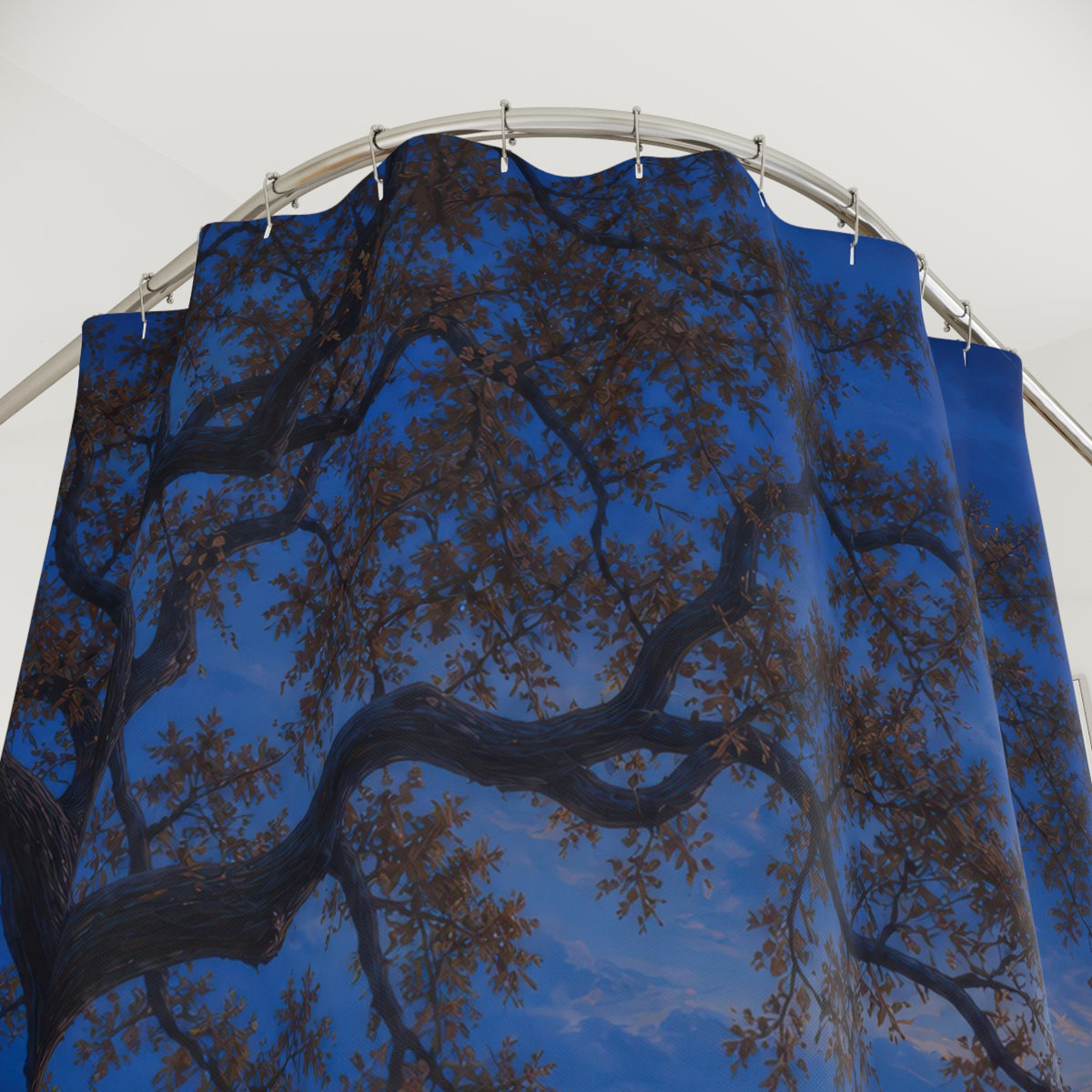 Brown oak tree and woodland path in blue twilight shower curtain with close-up print, hooks, and folds