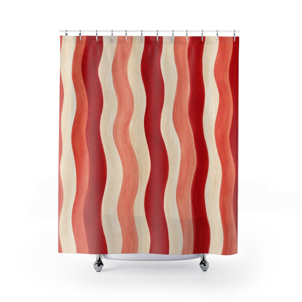 Wavy Red Ribbon Shower Curtain, Red Ivory Modern Bathroom Decor, Modern Stripe Bath Curtain, Guest Bath Decor, Small Bathroom Decor