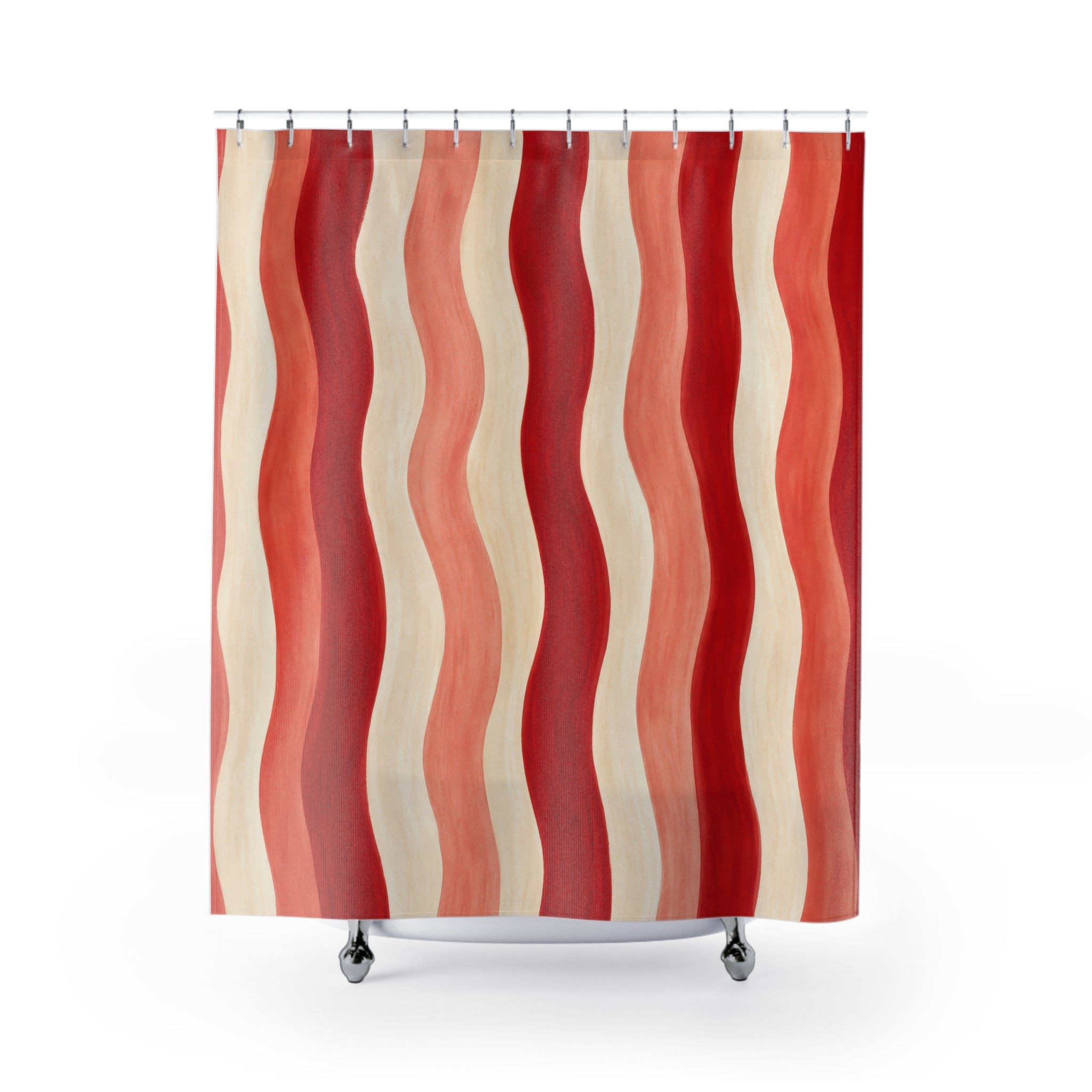 Wavy Red Ribbon Shower Curtain, Red Ivory Modern Bathroom Decor, Modern Stripe Bath Curtain, Guest Bath Decor, Small Bathroom Decor