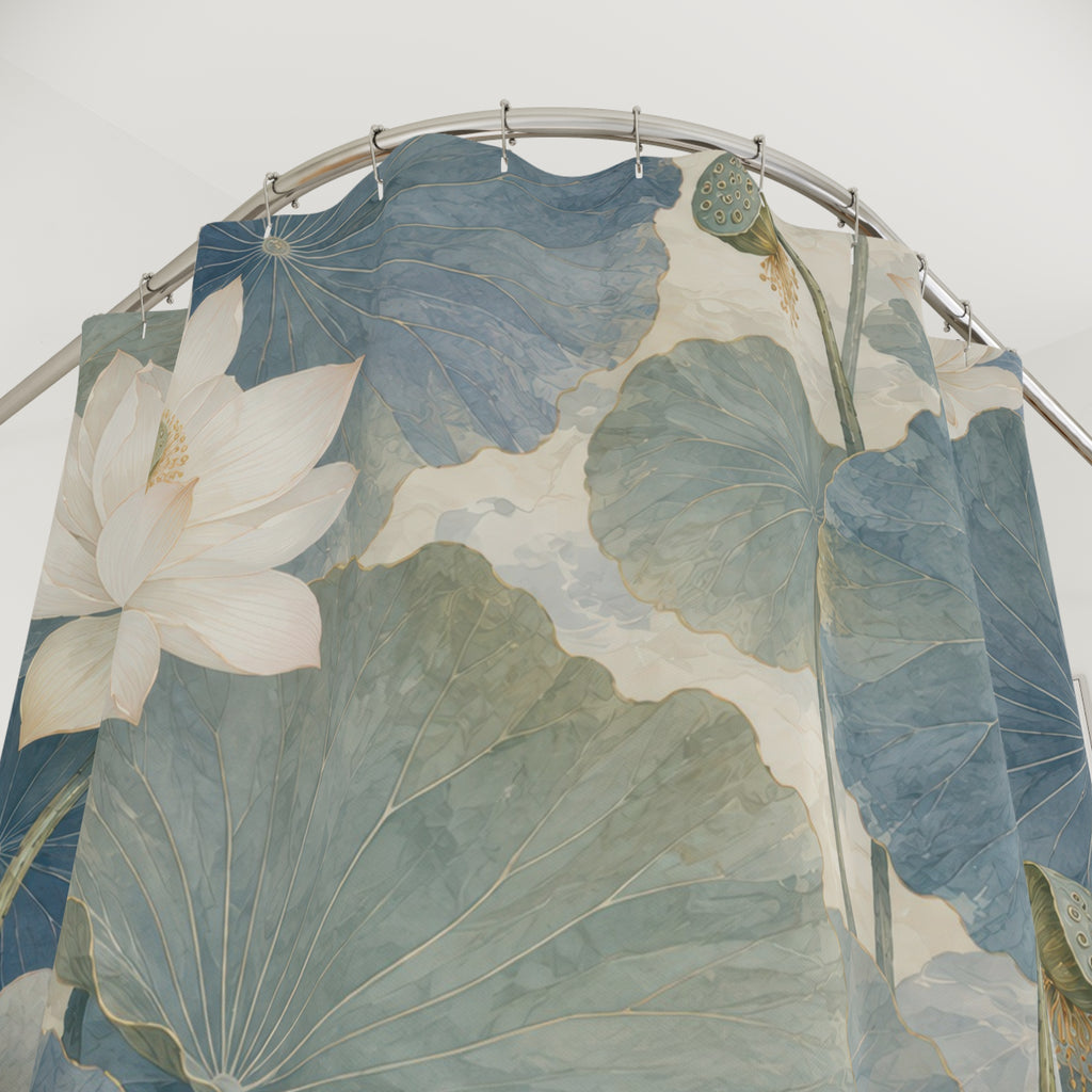 White lotus with blue and sage Chinoiserie leaves shower curtain with close-up print, hooks, and folds