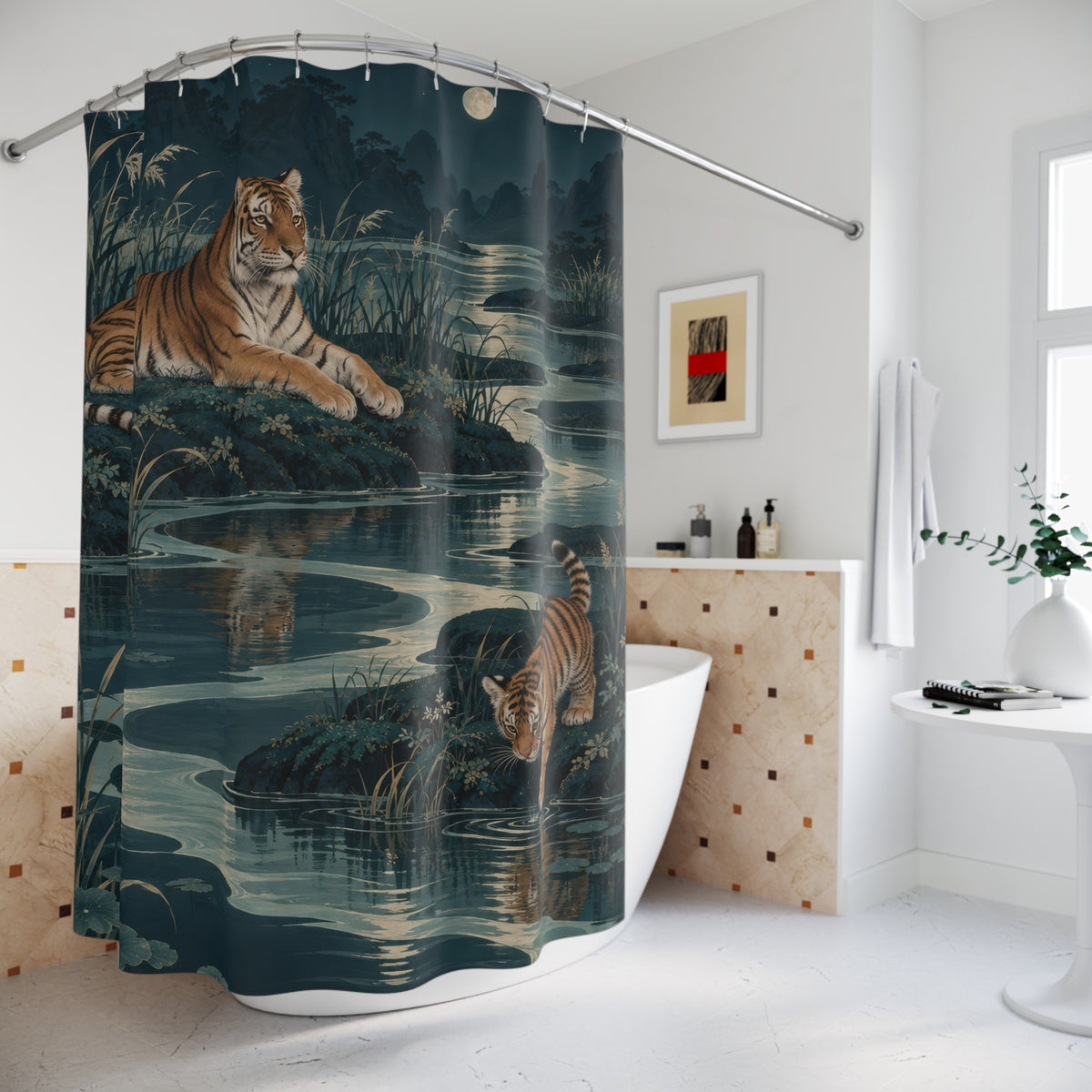Copper tiger and cub beside silver water in a teal marsh shower curtain beside a freestanding tub