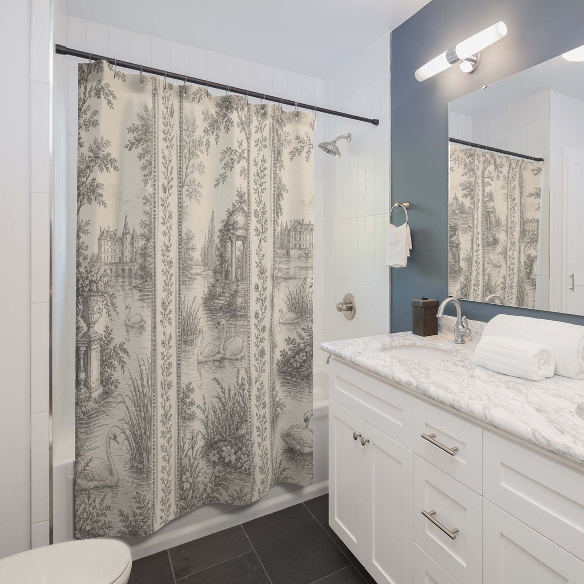 Greige Swan Panel Toile Shower Curtain